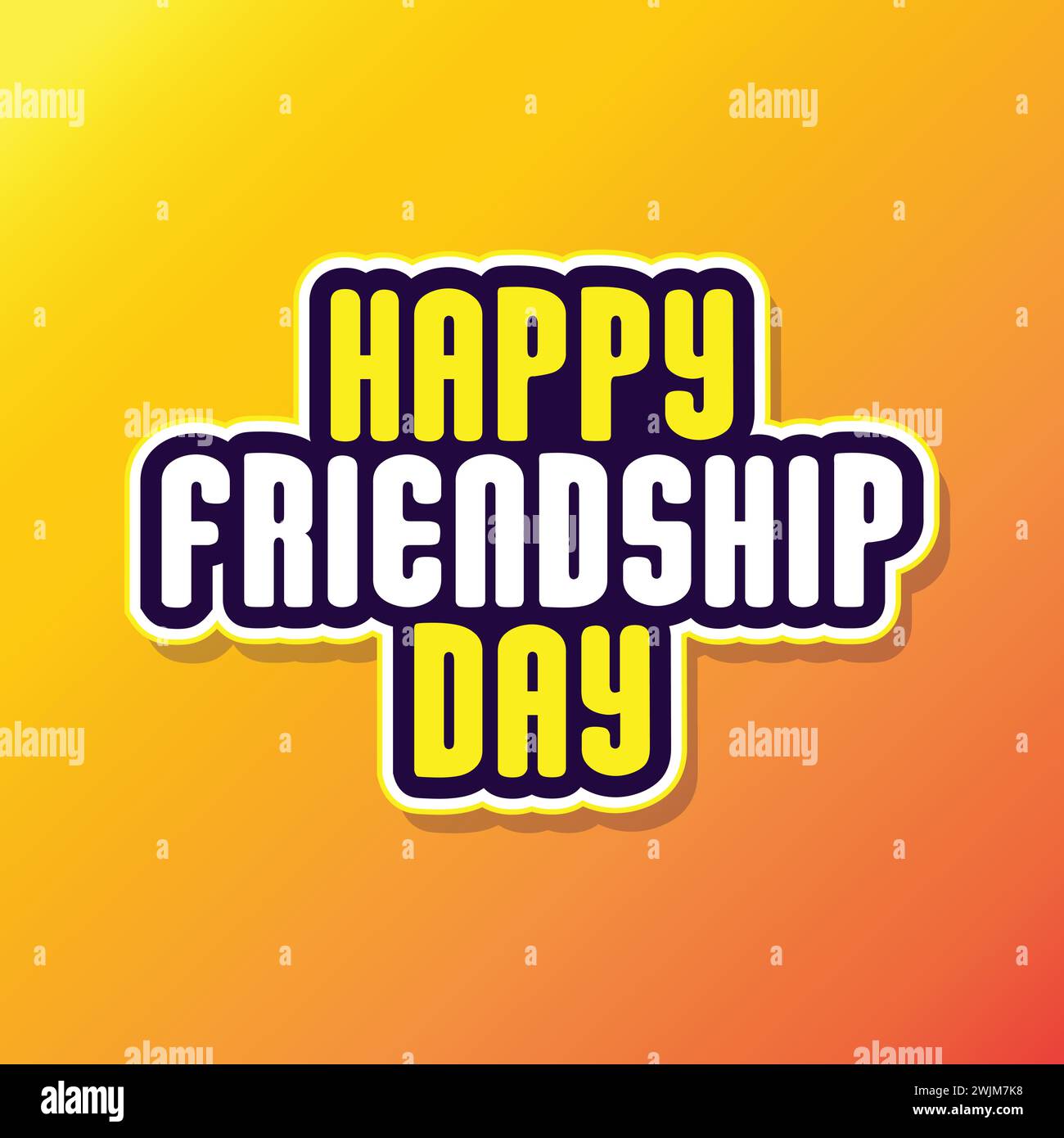 Happy Friendship Day Schriftzug auf gelbem und orangefarbenem Hintergrund zur Feier des Freundschaftstages. Typografie-Logo zum Freundschaftstag. Stock Vektor