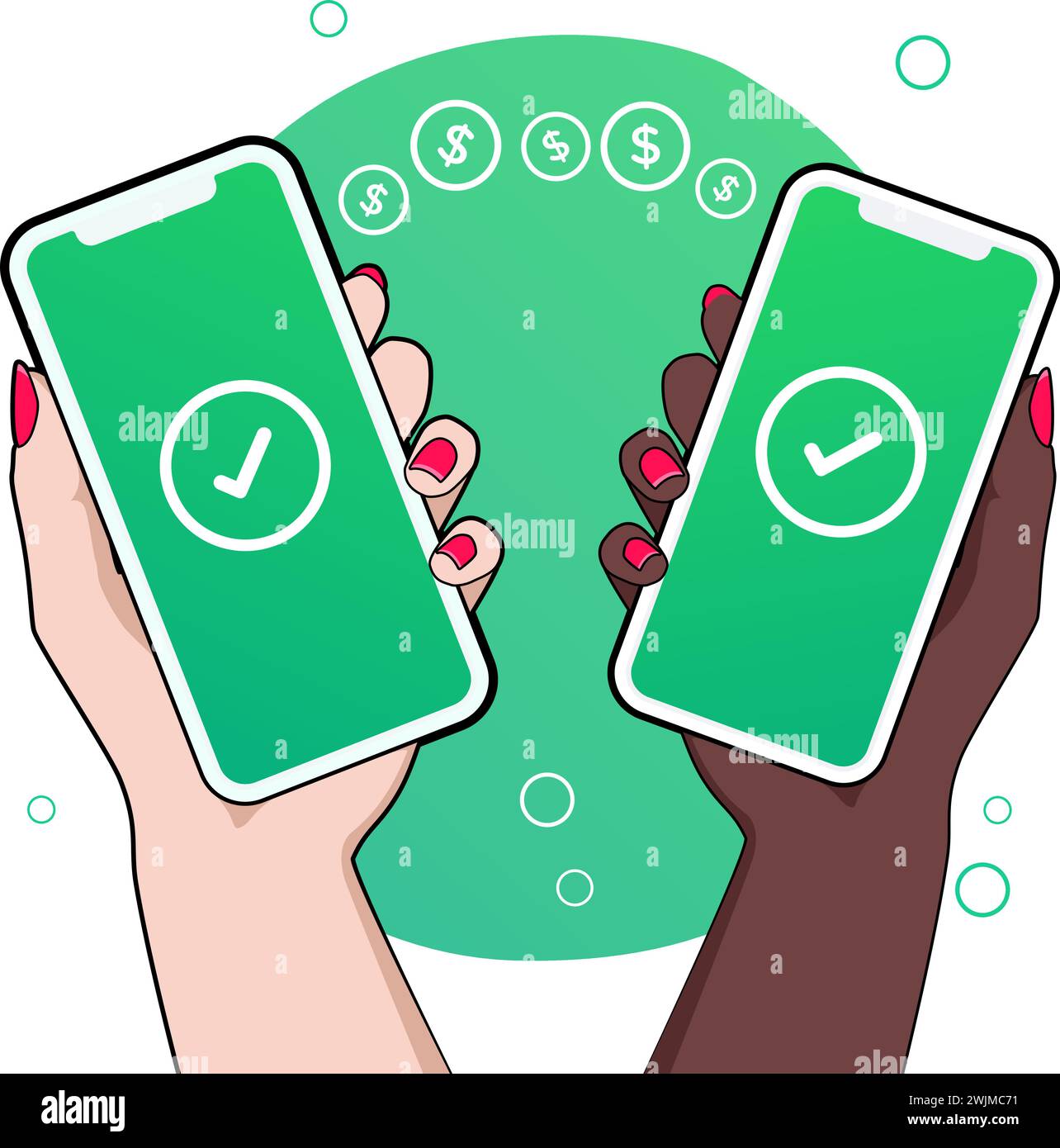 Zwei Smartphones, die von Frauen gehalten werden und Zahlungsbestätigungen anzeigen. Über eine digitale Wallet-Anwendung auf einem Mobiltelefon. Stock Vektor