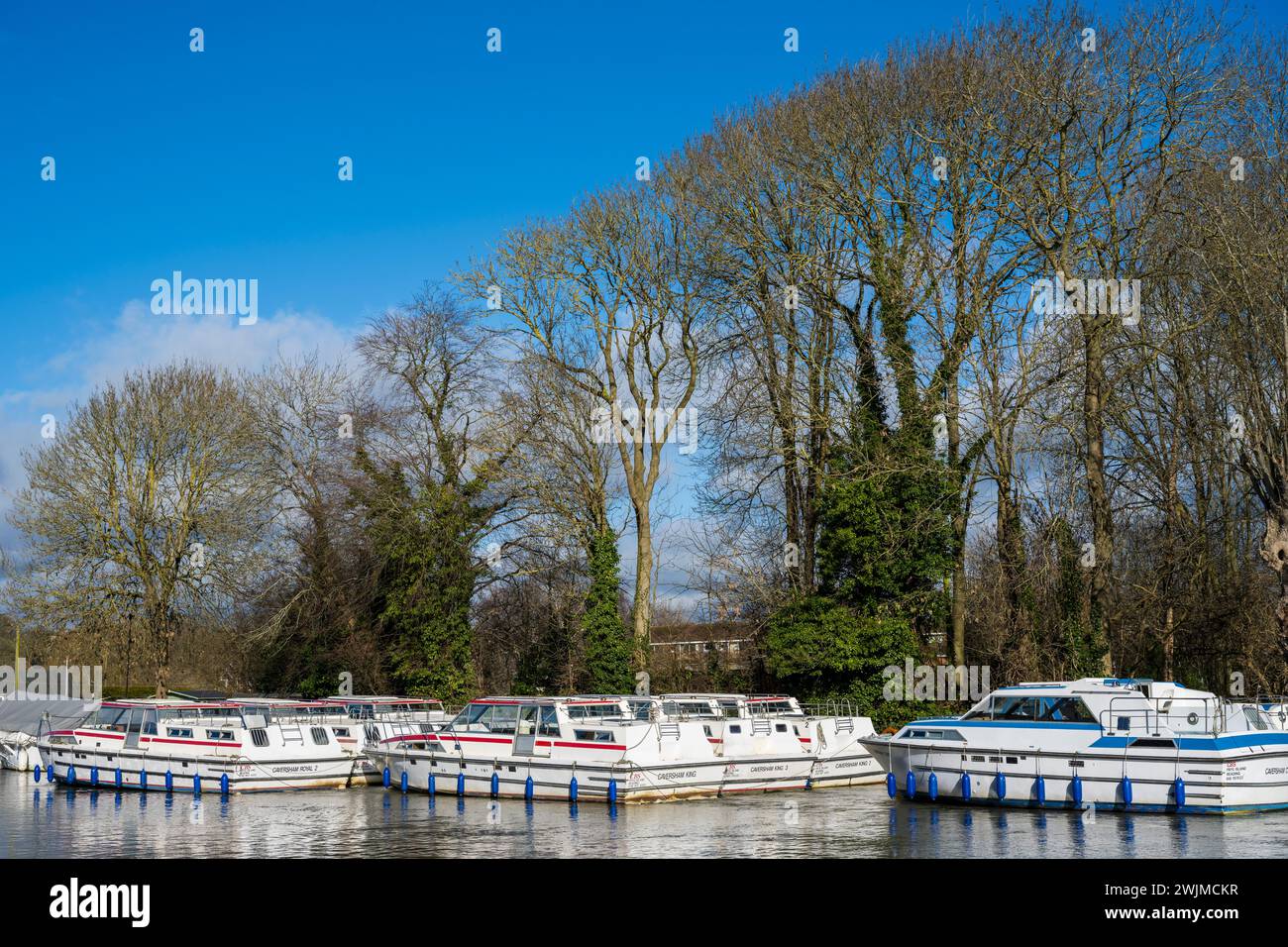 Freizeitboote auf Frys Island, Themse, Reading, Berkshire, England, GROSSBRITANNIEN, GB. Stockfoto