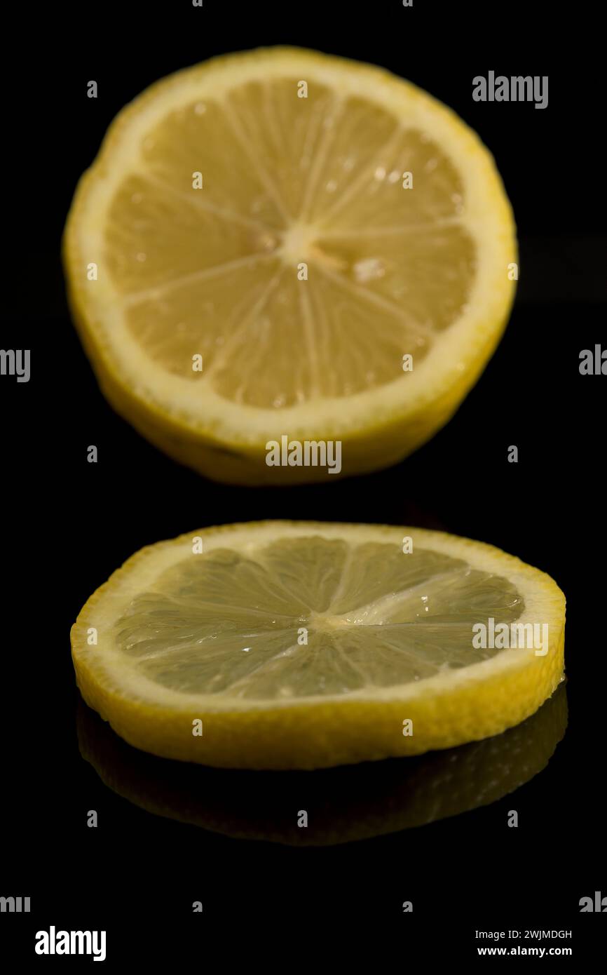 Scheibe von gelber Zitrone und Zitrone mit dunkelschwarzem Hintergrund in vertikaler Citrus aurantifolia Stockfoto