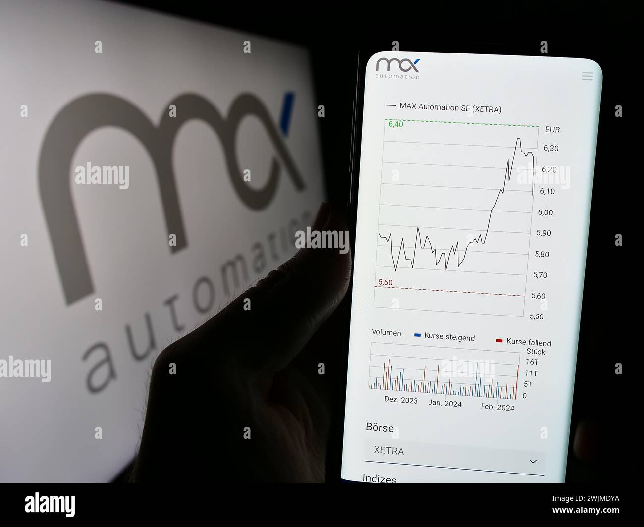 Person, die ein Mobiltelefon hält, mit Webseite des deutschen Ingenieurunternehmens MAX Automation SE vor dem Logo. Konzentrieren Sie sich auf die Mitte des Telefondisplays. Stockfoto