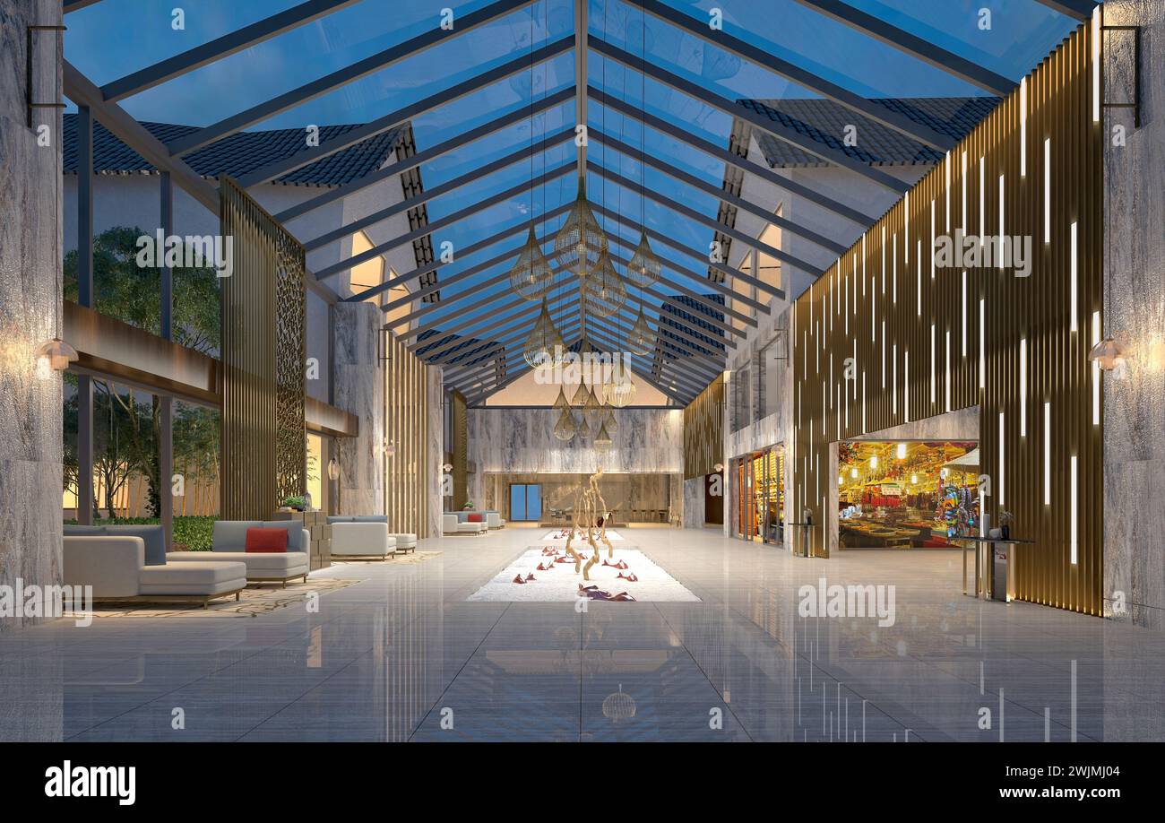 3D-Rendering des Innenraums des Eingangs des Gebäudes in der Lobby Stockfoto