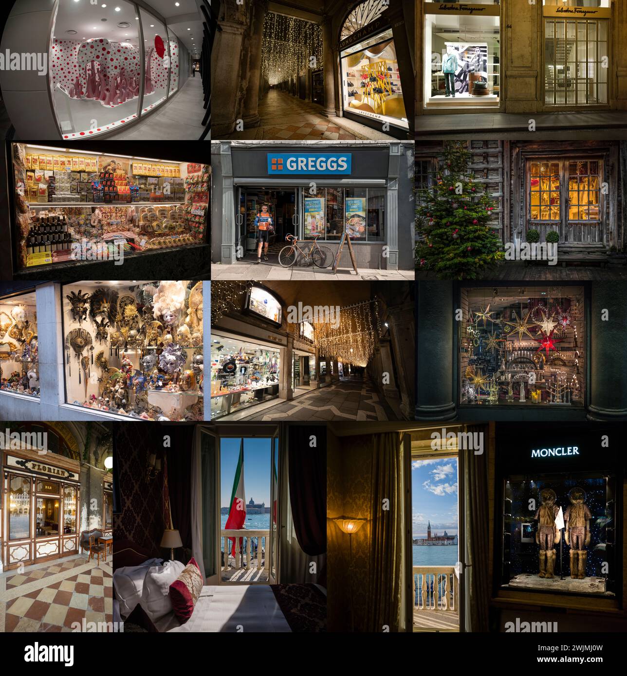 Zusammengesetztes Bild von Fenstern, die während einer Tour durch Venedig, Bergen, Rom, Tokio und Ulverston gefunden wurden. Stockfoto