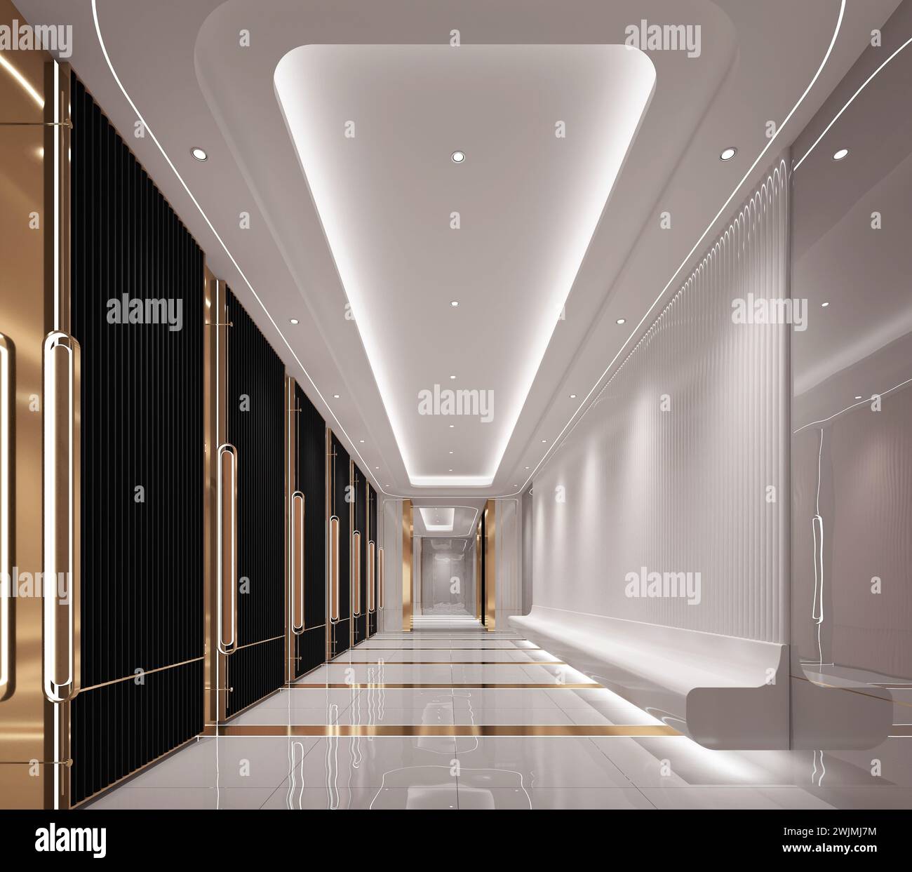 3D-Rendering des Innenraums des Eingangs des Gebäudes in der Lobby Stockfoto