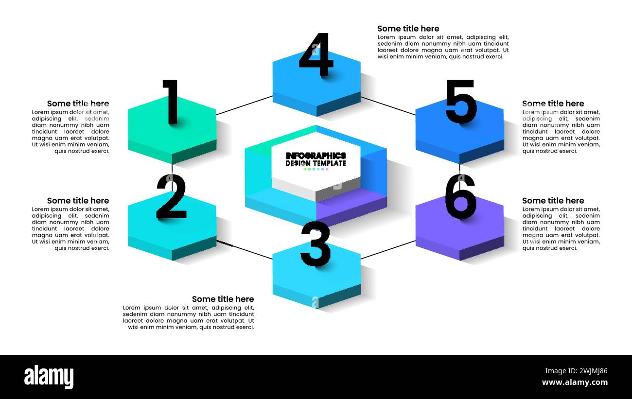 Infografik-Vorlage mit 6 Optionen oder Schritten. Isometrisches Sechseck. Kann für Workflow-Layout, Diagramm, Banner und Webdesign verwendet werden. Vektorabbildung Stock Vektor