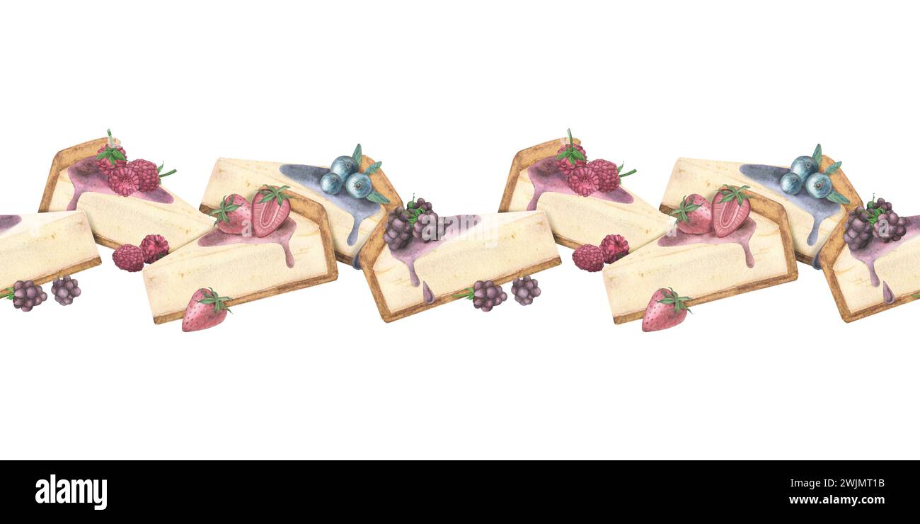 Nahtloses Bannermuster mit Scheiben Käsekuchen mit Himbeeren, Erdbeeren, Brombeeren und Heidelbeeren auf weißem Hintergrund. Handgezeichnet Stockfoto