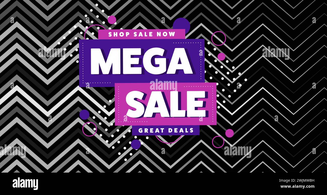 Bild des Mega-Verkaufstextes auf lila und rosa Bannern und Zick-Zack-Muster auf schwarzem Hintergrund Stockfoto