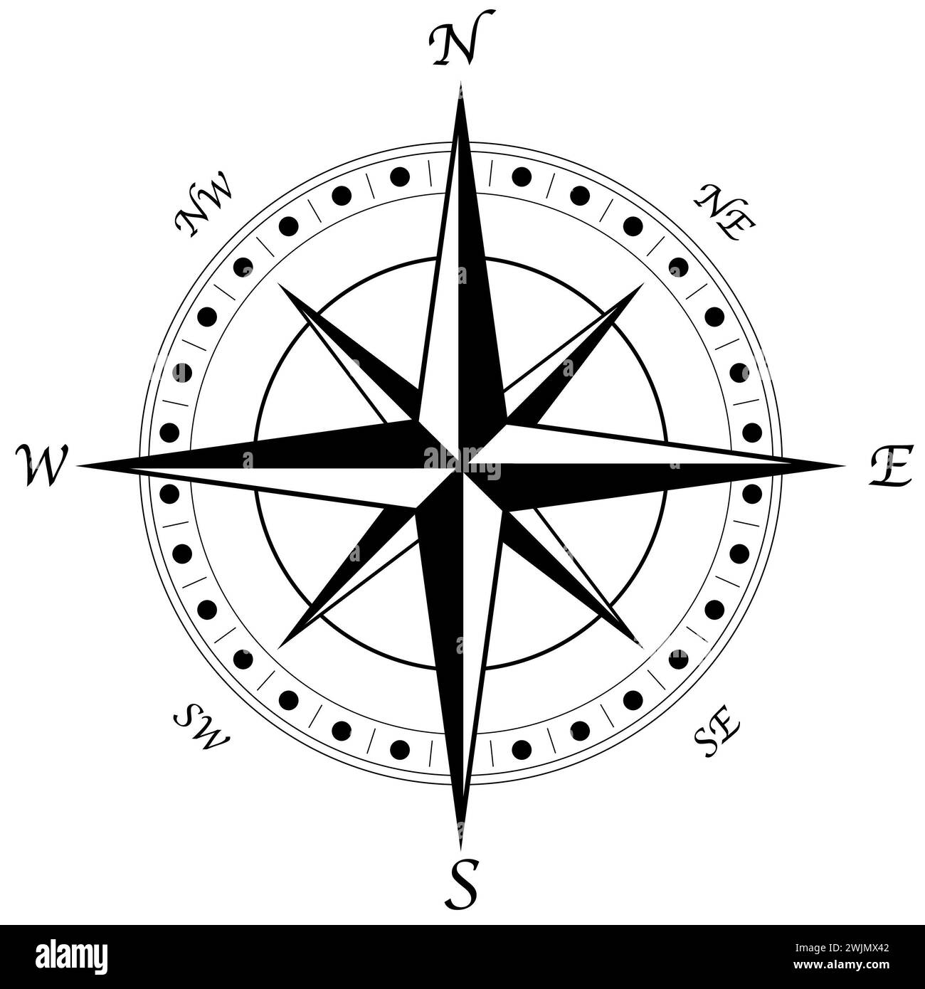 Kompass Line Illustraion Schwarz-weiß-Kunst Stockfoto
