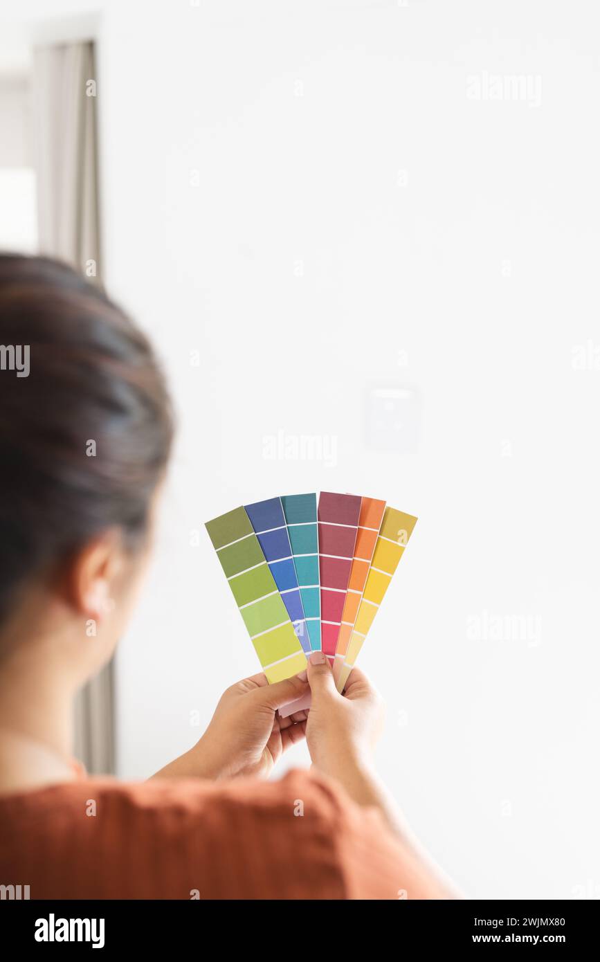 Junge birassische Frau untersucht Farbmuster zu Hause, mit Kopierraum Stockfoto