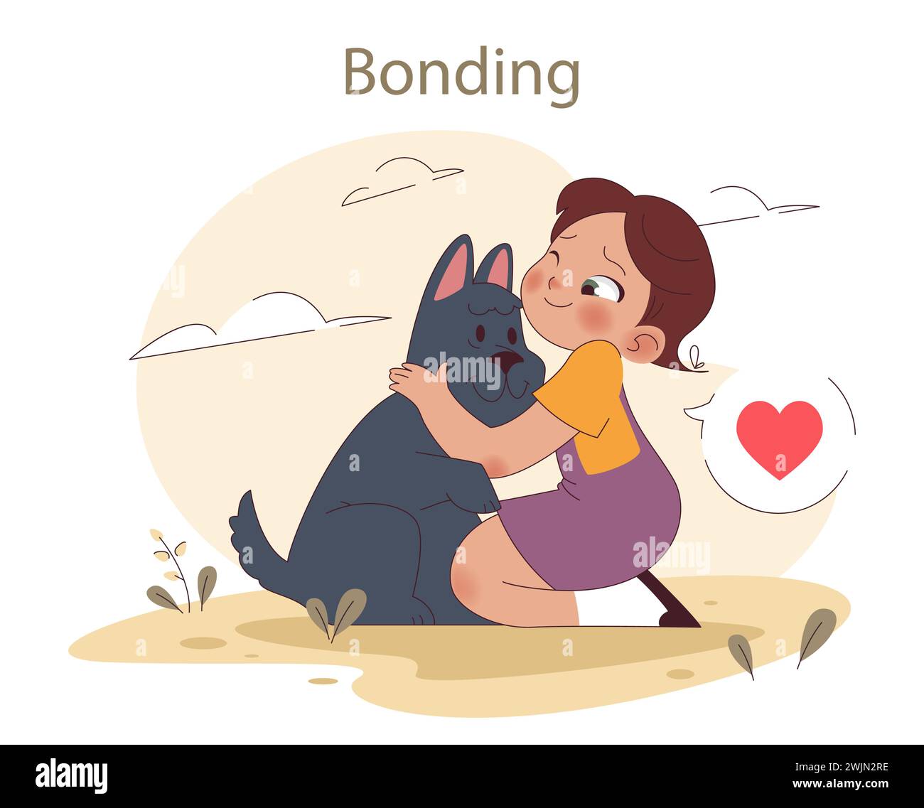 Verbindungskonzept. Ein Mädchen umarmt ihren Hund liebevoll und zeigt eine innige Verbindung. Wir feiern die Freude der Haustierbegleitung. Illustration des flachen Vektors Stock Vektor