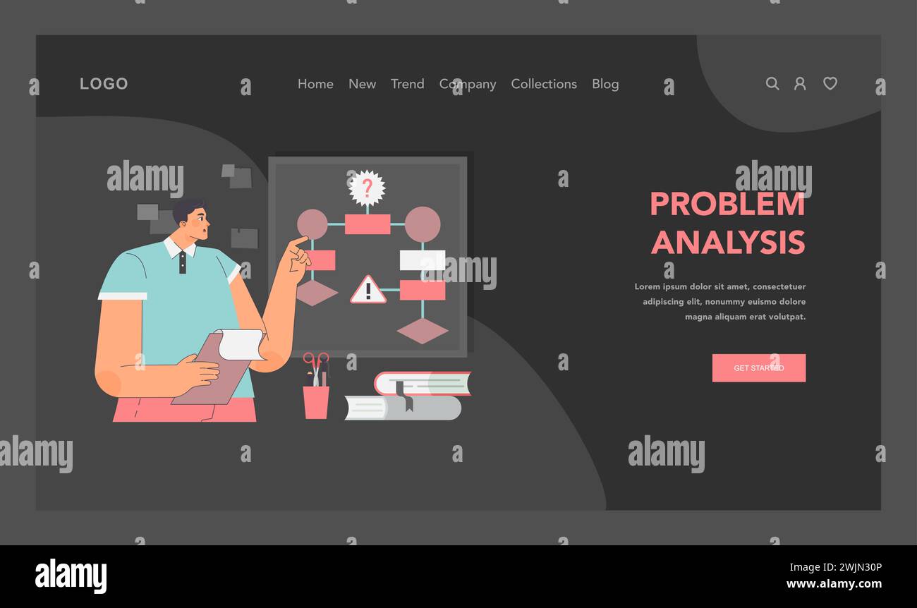 Konzept der Problemanalyse. Mann, der mit dem Finger auf einen Teil des Algorithmus zeigt. Detaillierte Aufgliederung und strategische Prüfung von Fragen. Kritisches Denken in Aktion. Illustration des flachen Vektors Stock Vektor