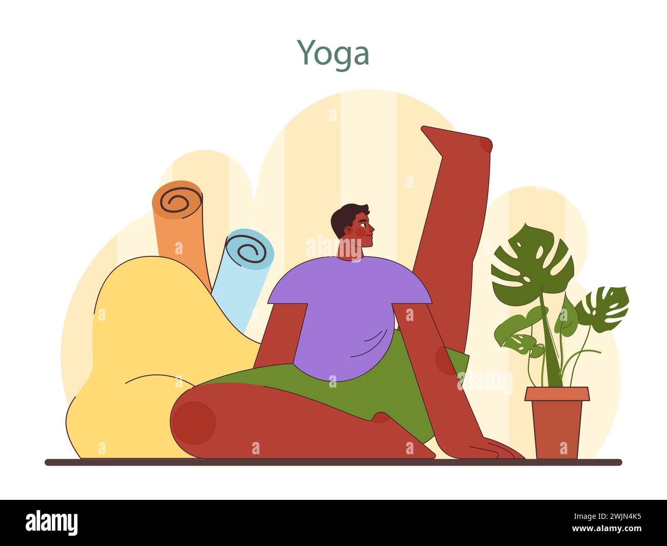 Home Yoga Illustration. Ein Mann übt eine Yoga-Pose in einer friedlichen Umgebung, die einen ruhigen und konzentrierten Geist verkörpert. Geeignet für Entspannung und Fitness. Illustration des flachen Vektors. Stock Vektor