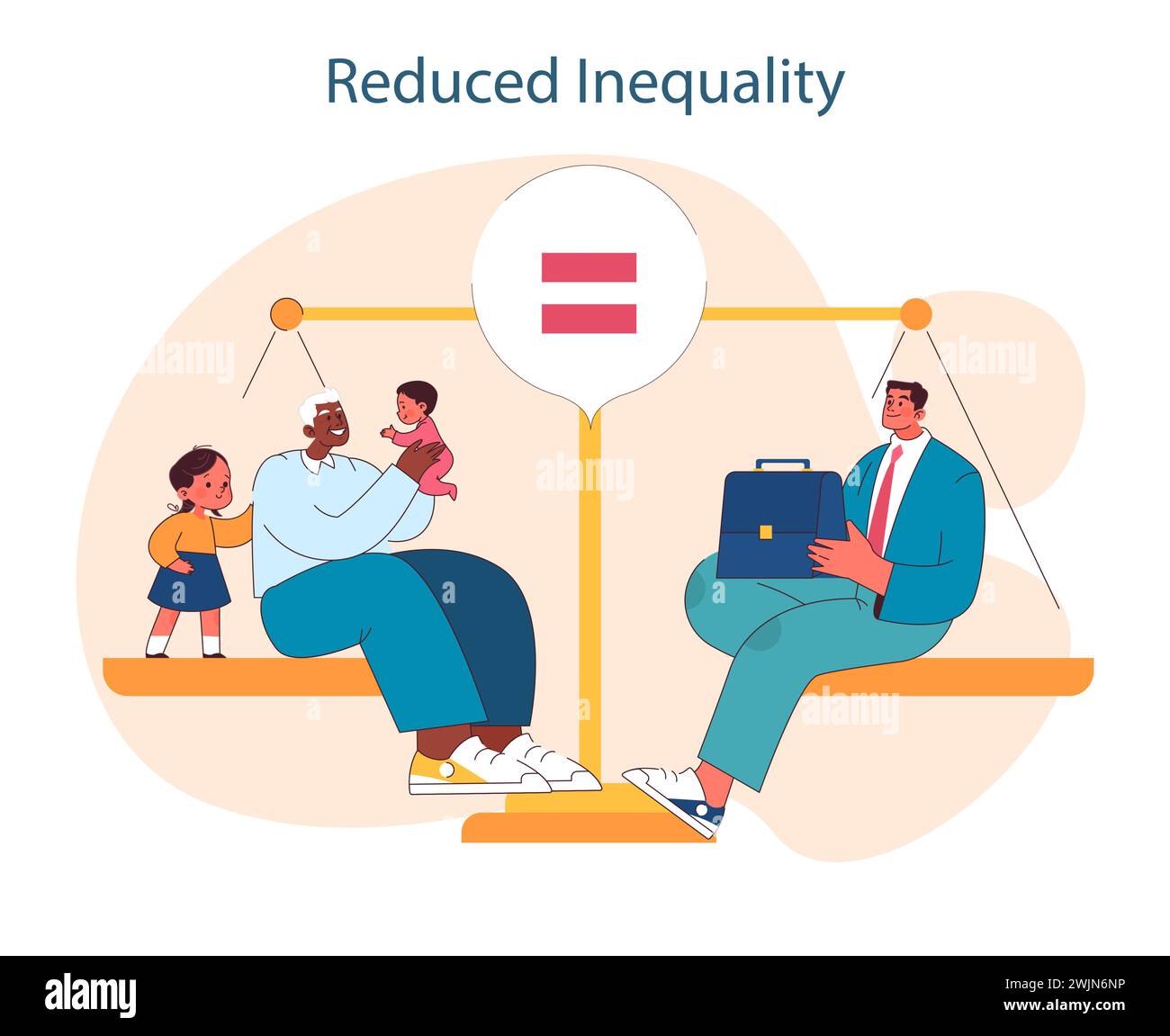 Verringerung Der Ungleichheit. Ausgewogene Skalen zwischen verschiedenen sozialen Gruppen im Hinblick auf Gleichheit und Inklusion. Chancengleichheit für alle. Illustration des flachen Vektors Stock Vektor