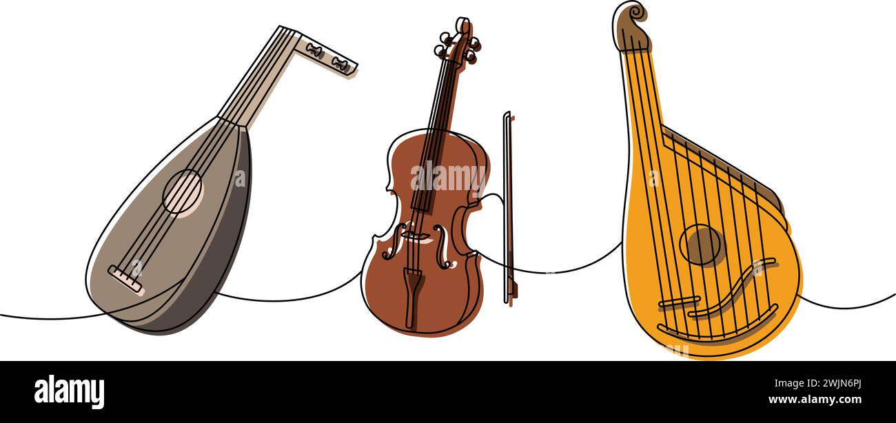 Sammlung von Musikinstrumenten, einzeilige, durchgehende Zeichnung. Laute, Violine, Bandura durchgehende, einzeilige Illustration. Lineare Vektordarstellung Stock Vektor