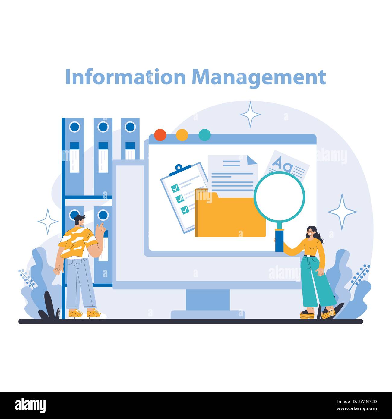 Informationsmanagement-Konzept. Strategische Organisation digitaler Dokumente und Daten für betriebliche Effizienz. Fokussierter Datenabruf und sichere Datenspeicherung. Illustration des flachen Vektors. Stock Vektor