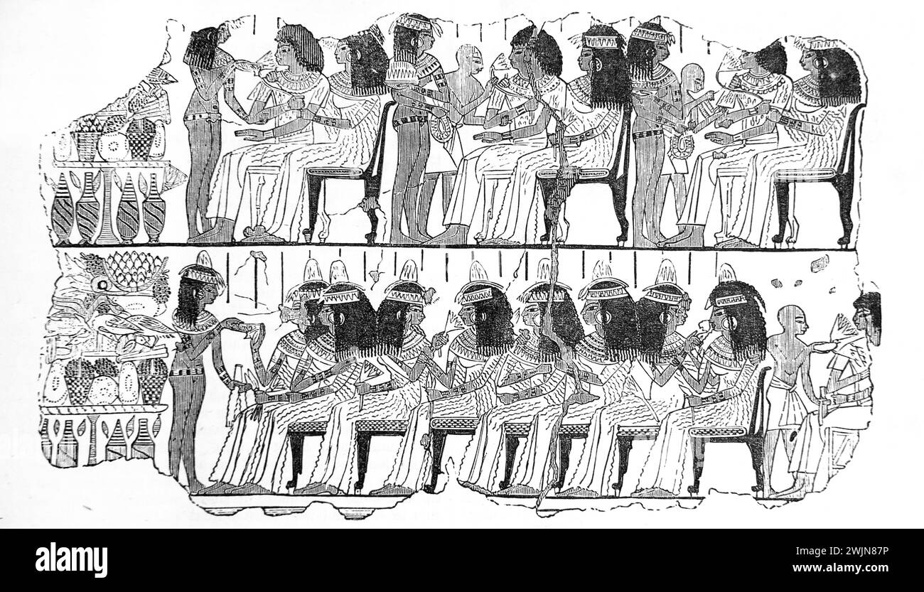Holzgravur von ägyptischer Unterhaltung mit der Form von Stühlen aus einem Gemälde im British Museum aus dem Antique 19th Century Illustrated Family Stockfoto