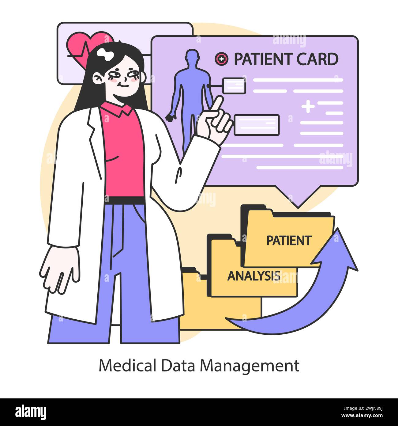 Medizinisches Datenmanagement-Konzept. Digitalisierung von Patientenakten für eine optimierte Gesundheitsversorgung. Verbesserte Analyse- und Behandlungspläne. Illustration des flachen Vektors. Stock Vektor