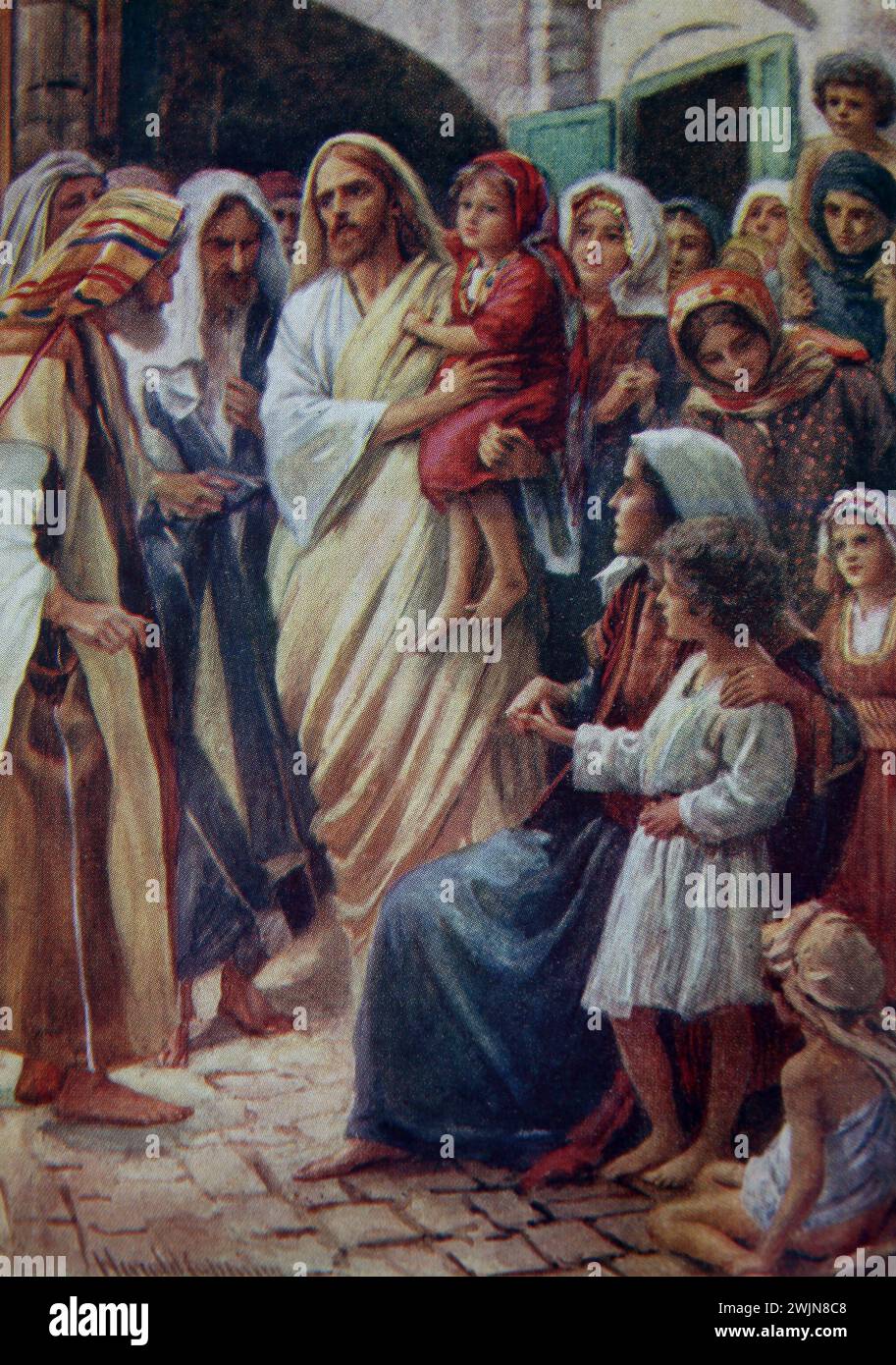 Illustration von Jesus Christus, der kleine Kinder empfängt (Markusevangelium) Neues Testament von Harold Copping Stockfoto