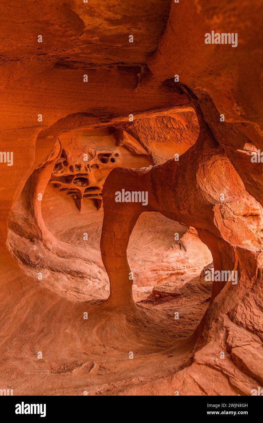 Windstone Arch in der Fire Cave im erodierten aztekischen Sandstein im Valley of Fire State Park in Nevada. Stockfoto