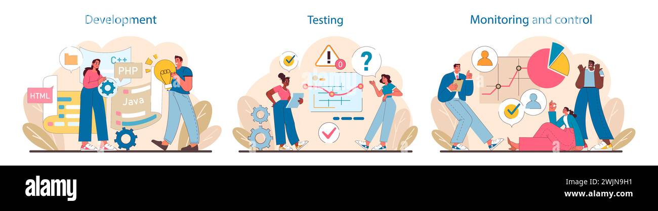 IT-Projektmanagement. Kodierung in der Entwicklung, kritische Analysen während der Tests und strategische Überwachung. Detaillierte Prozessvisualisierung für erfolgreiches Projektmanagement. Illustration des flachen Vektors. Stock Vektor