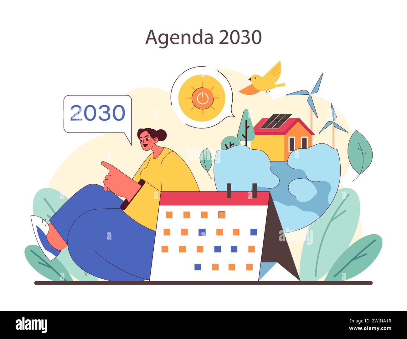 Futuristische Vision für 2030. Förderung erneuerbarer Energien und nachhaltiger Städte. Natürliche Lösungen für eine umweltfreundlichere Zukunft. Inspirieren Sie ein umweltfreundliches Stadtleben. Illustration des flachen Vektors. Stock Vektor