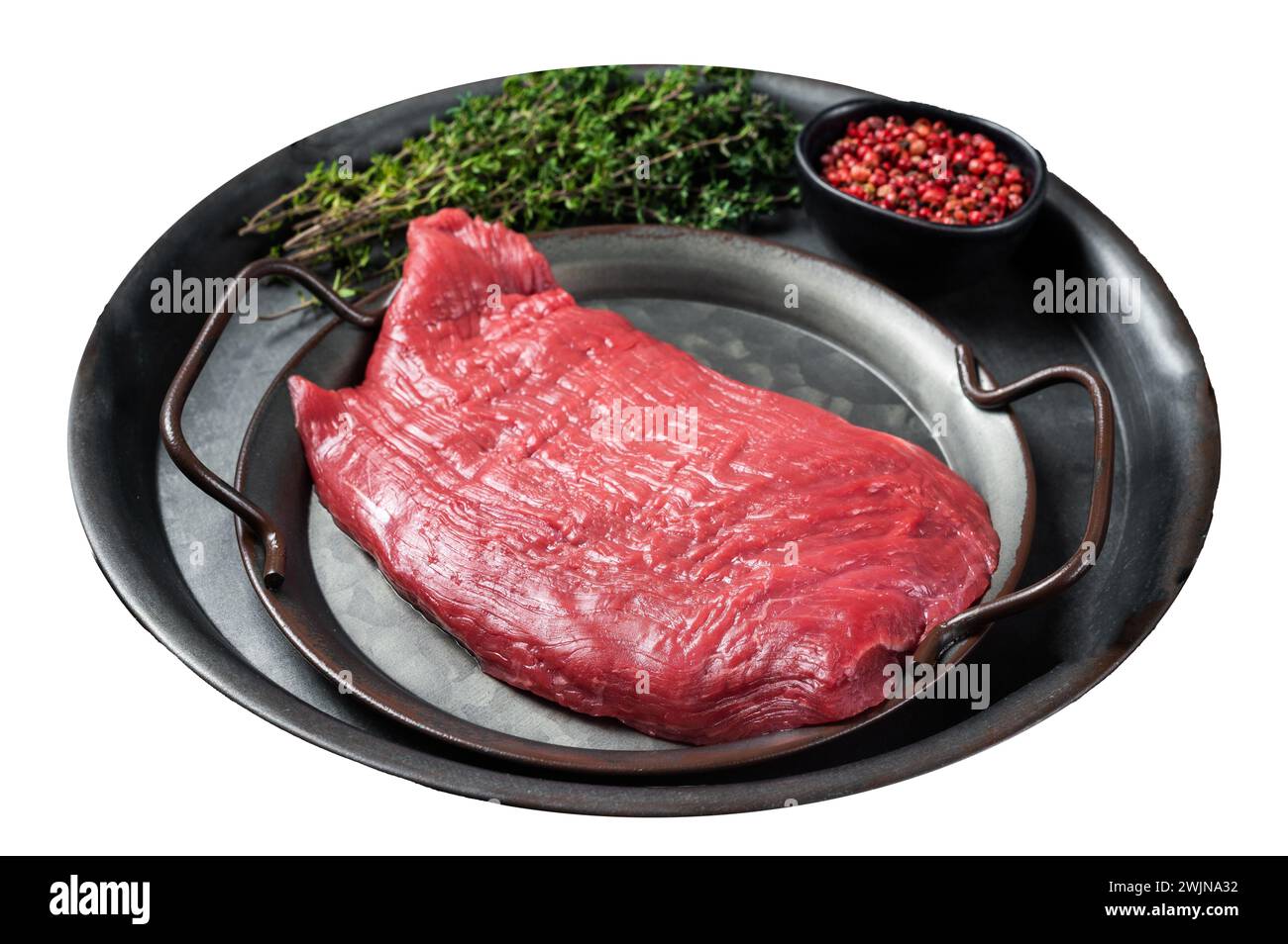 Frisches rohes Flank-Rindfleischsteak und Zutaten zum Kochen. Isoliert auf weißem Hintergrund. Draufsicht. Stockfoto