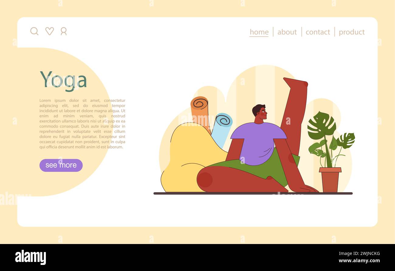 Home Yoga Illustration. Ein Mann übt eine Yoga-Pose in einer friedlichen Umgebung, die einen ruhigen und konzentrierten Geist verkörpert. Geeignet für Entspannung und Fitness. Illustration des flachen Vektors. Stock Vektor