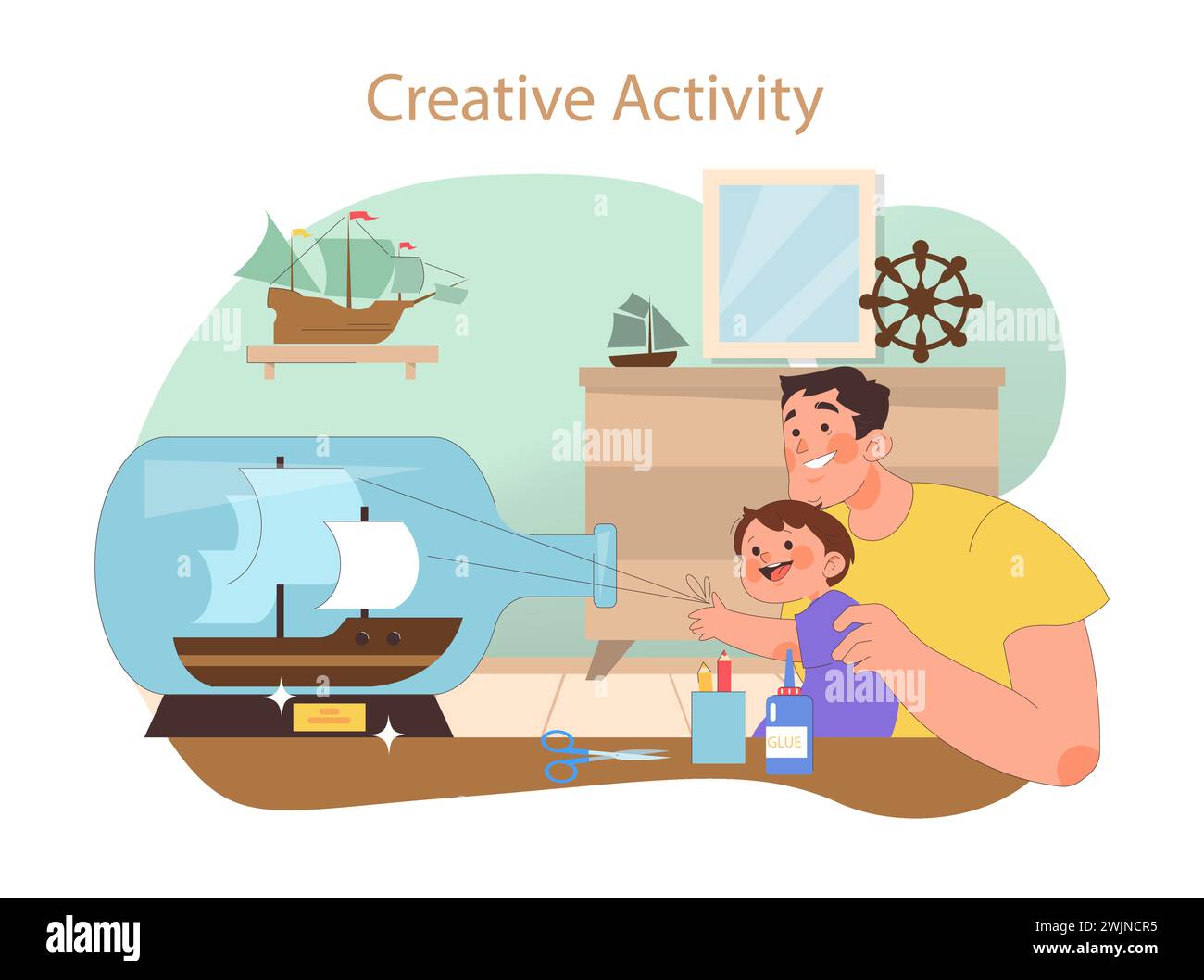 Familienhobbys-Konzept. Kreative Bastelzeit mit einem Kind und einem Elternteil, das Schiffsmodelle entwickelt, wodurch eine Lernatmosphäre gefördert wird. Stock Vektor