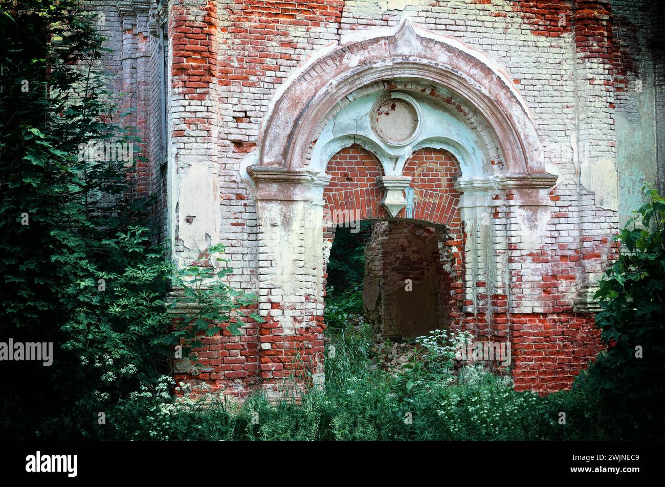 Die zerstörte Kirche der Smolensk-Ikone der Gottesmutter in Rzhev. Region Tver. Russland. Stockfoto