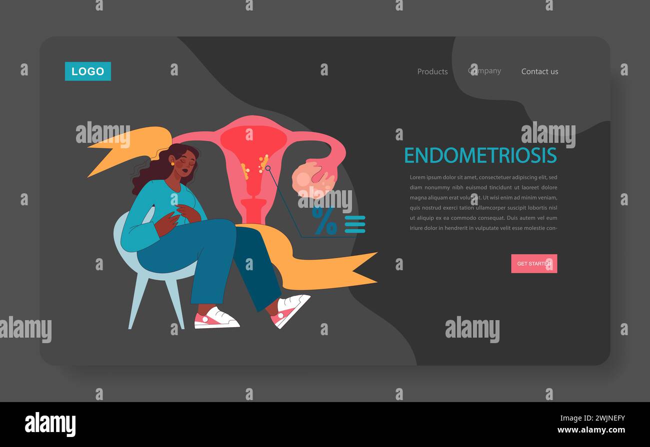 Endometriose dunkel oder Nachtmodus Web, Landung. Frau mit Endometriose leidet unter Schmerzen. Uterus und Ovarien gynäkologische Erkrankung. Frauengesundheitsthema. Illustration des flachen Vektors Stock Vektor