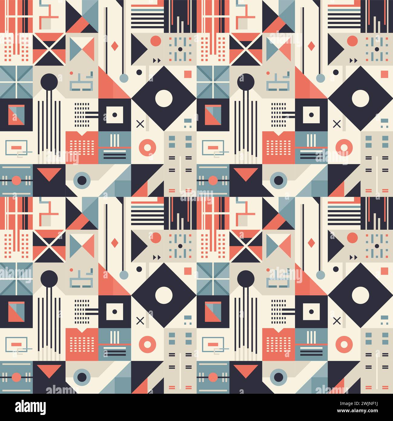 Abstraktes nahtloses Muster im Retro-Stil mit geometrischen Formen und Linien, flache Vektorillustration Stock Vektor