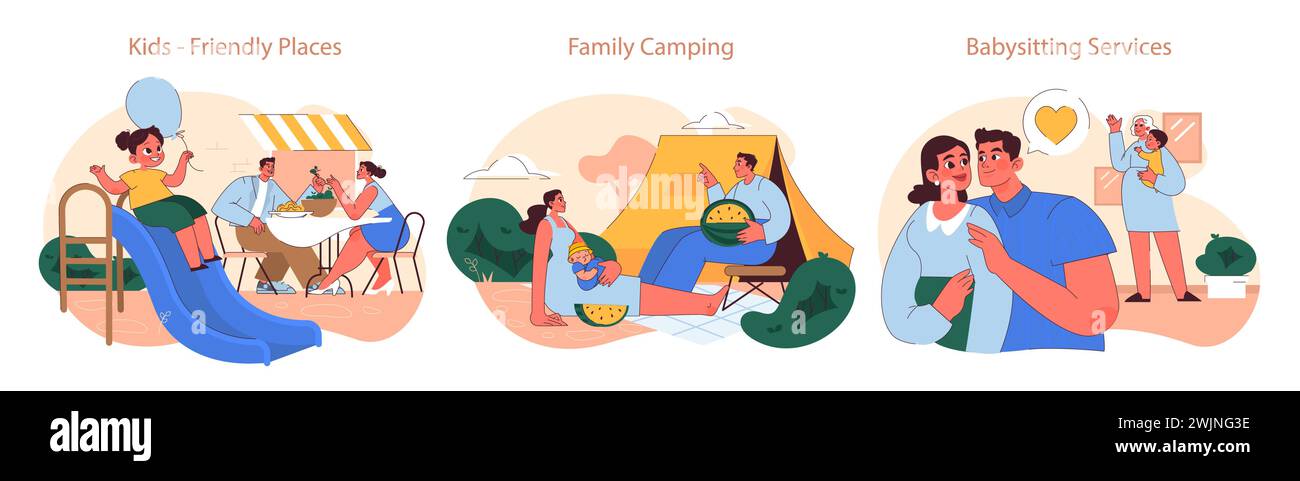 Aktivitäten nach der Schwangerschaft festgelegt. Familien genießen kinderfreundliches Essen, Camping-Abenteuer und zuverlässigen Babysitter-Service. Einführung neuer Routinen. Stock Vektor