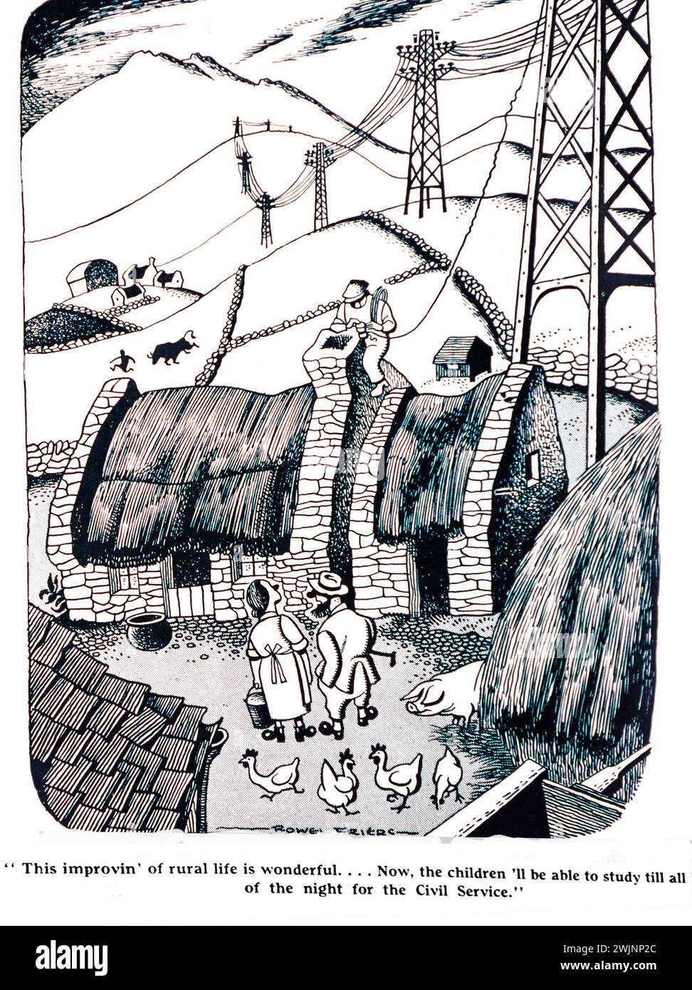 Ein Cartoon aus dem Dublin Opinion Magazine, in dem ein reetgedecktes Häuschen im Rahmen des ländlichen Elektrifizierungssystems in Irland an das Stromnetz angeschlossen wird. Der Cartoon zeigt zwei Leute, die die Verbesserungen begrüßen, damit die Kinder die ganze Nacht wach bleiben und für den öffentlichen Dienst lernen können. Stockfoto
