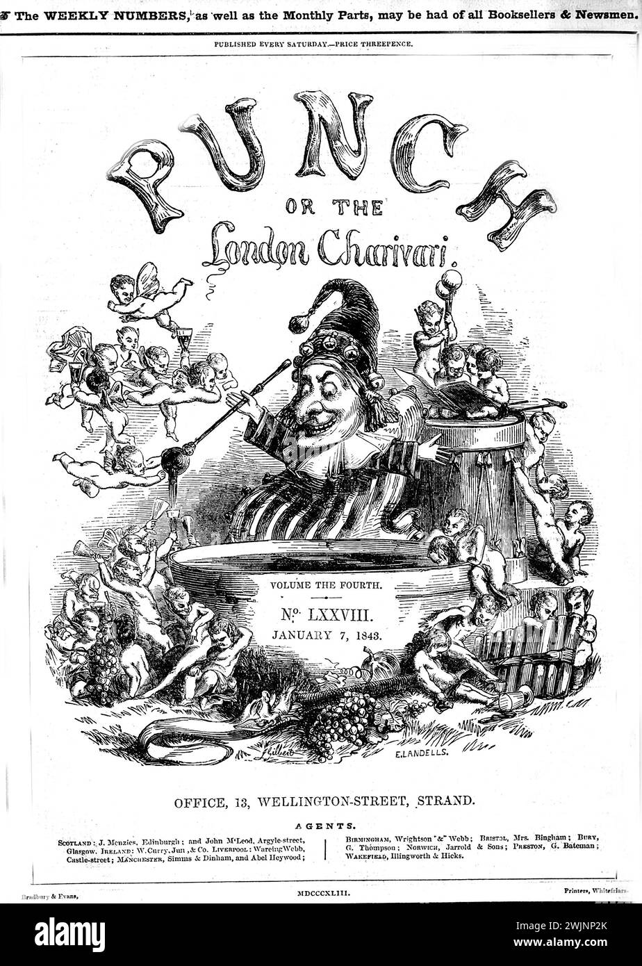 Dieses historische Cover aus dem Jahr 1843 von Punch, Or The London Charivari zeigt detaillierte satirische Illustrationen und Texte, die auf den frühen viktorianischen Humor und die Gesellschaft hinweisen. Stockfoto
