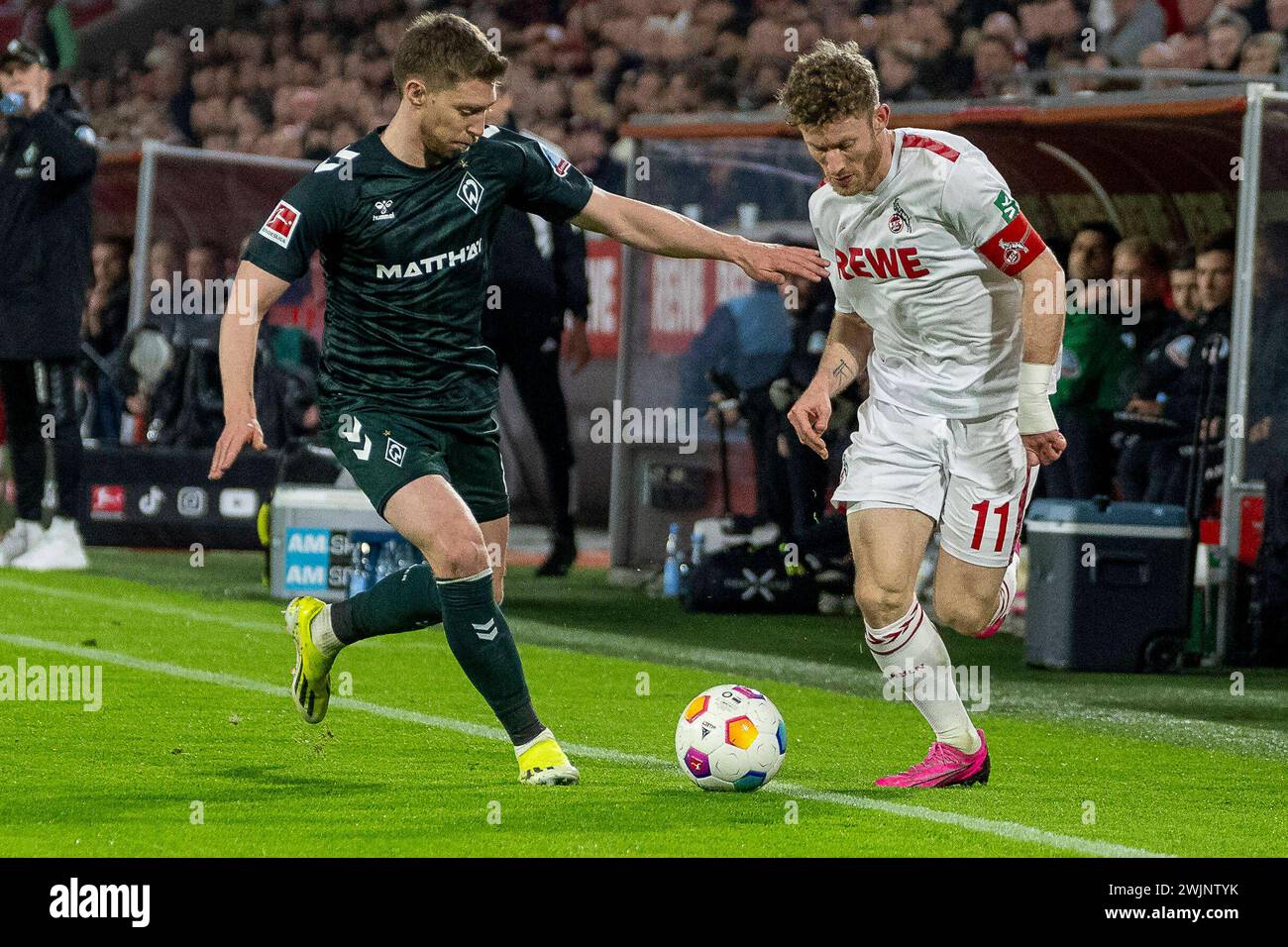 1. FC Köln gegen SV Werder Bremen, Fussball, 1. Bundesliga 22. Spieltag, Saison 2023/2024, 16.02.2024 Zweikampf an der Seitenlinie zwischen Mitchell Weiser SV Werder Bremen, 08 und Florian Kainz 1. FC Köln, 11. Fußball: 1. Bundesliga, Saison 2023/2024, 22. Spieltag, 1. FC Köln - SV Werder Bremen am 16.02.2024 im RheinEnergieStadion Köln. Wichtiger Hinweis: Gemaess den Vorgaben der DFL Deutsche Fussball Liga bzw. Des DFB Deutscher Fussball-Bund ist es untersagt, in dem Stadion und/oder vom Spiel angefertigte Fotoaufnahmen in Form von Sequenzbildern und/oder videoaehnlichen Fotostrecken z Stockfoto