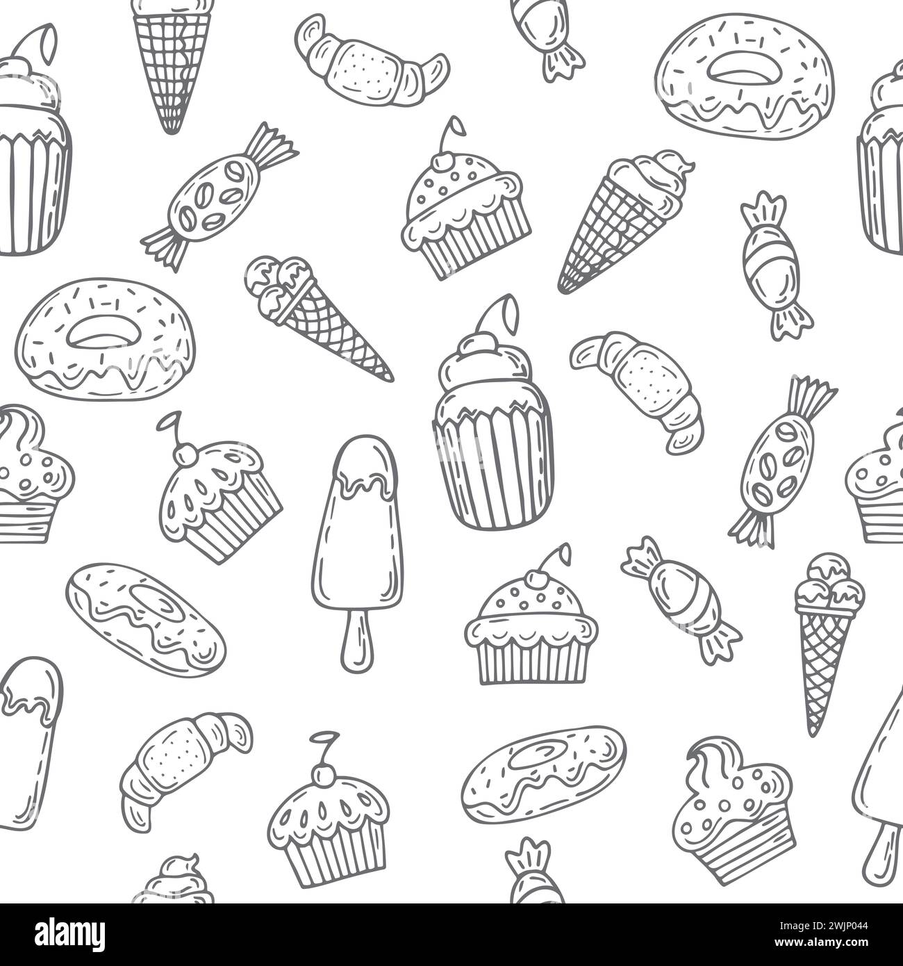 Handgezeichnetes nahtloses Muster mit Süßigkeiten, Cupcakes, Bäckerei, Kuchen und Desserts. Süße Desserts im Hintergrund. Vektorabbildung Stock Vektor