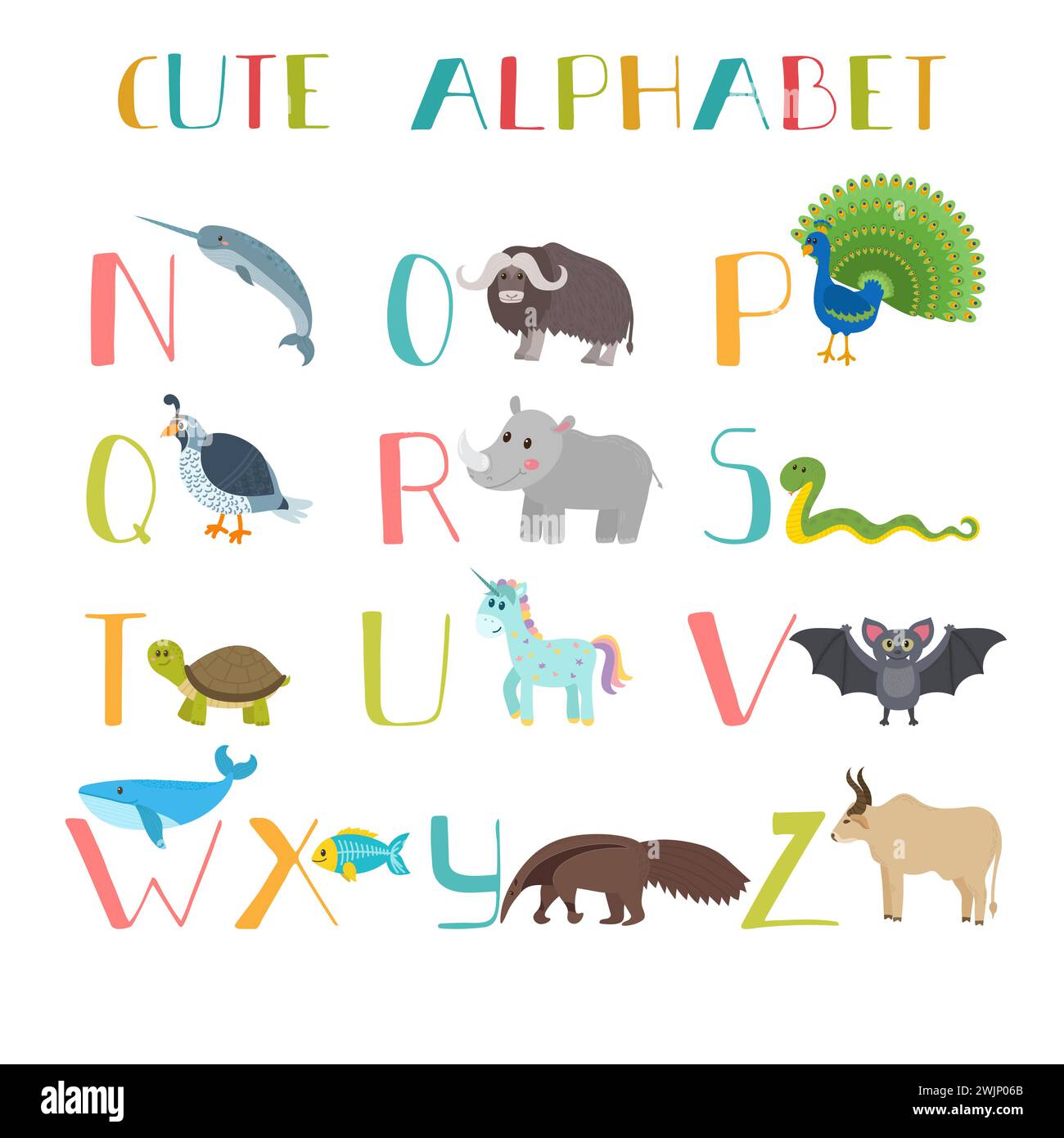 Zoo. Niedliches Zeichentricktier-Alphabet von N bis z. Vektor-Illustration Stock Vektor