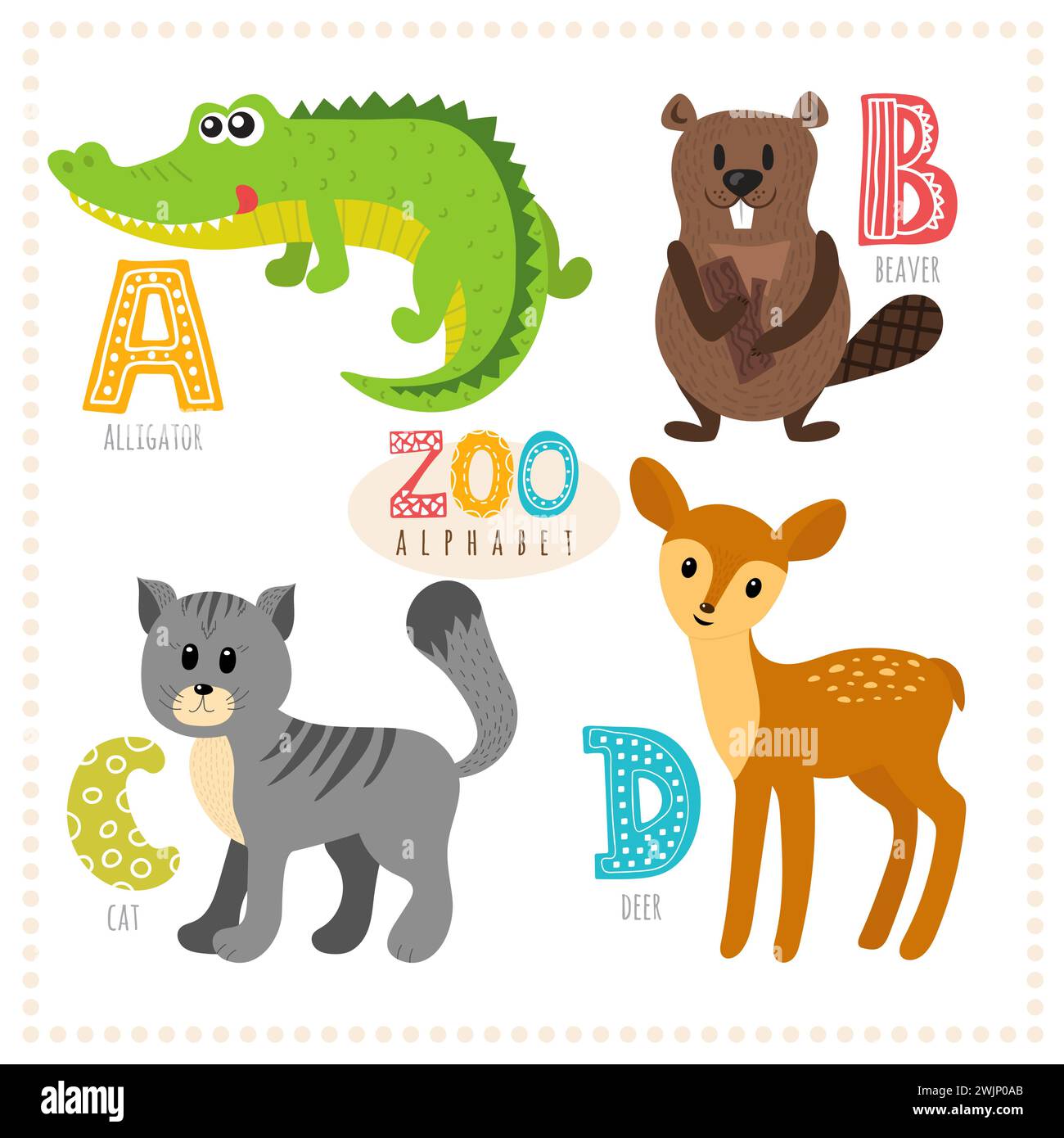 Niedliche Zeichentricktiere. Zoo-Alphabet mit lustigen Tieren. Buchstaben a, b, c, d. Alligator, Biber, Katze, Hirsch. Vektorabbildung Stock Vektor