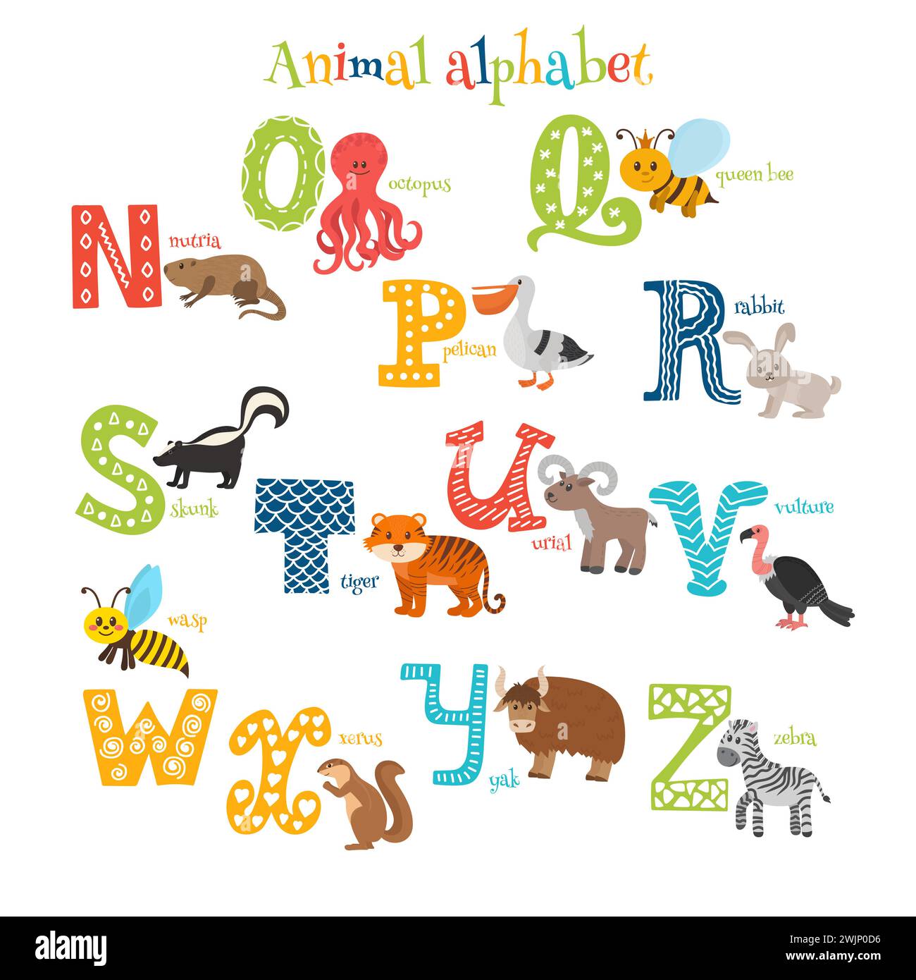 Zoo. Niedliches Zeichentricktier-Alphabet von N bis Z im Zeichentrickstil. Vektorabbildung Stock Vektor