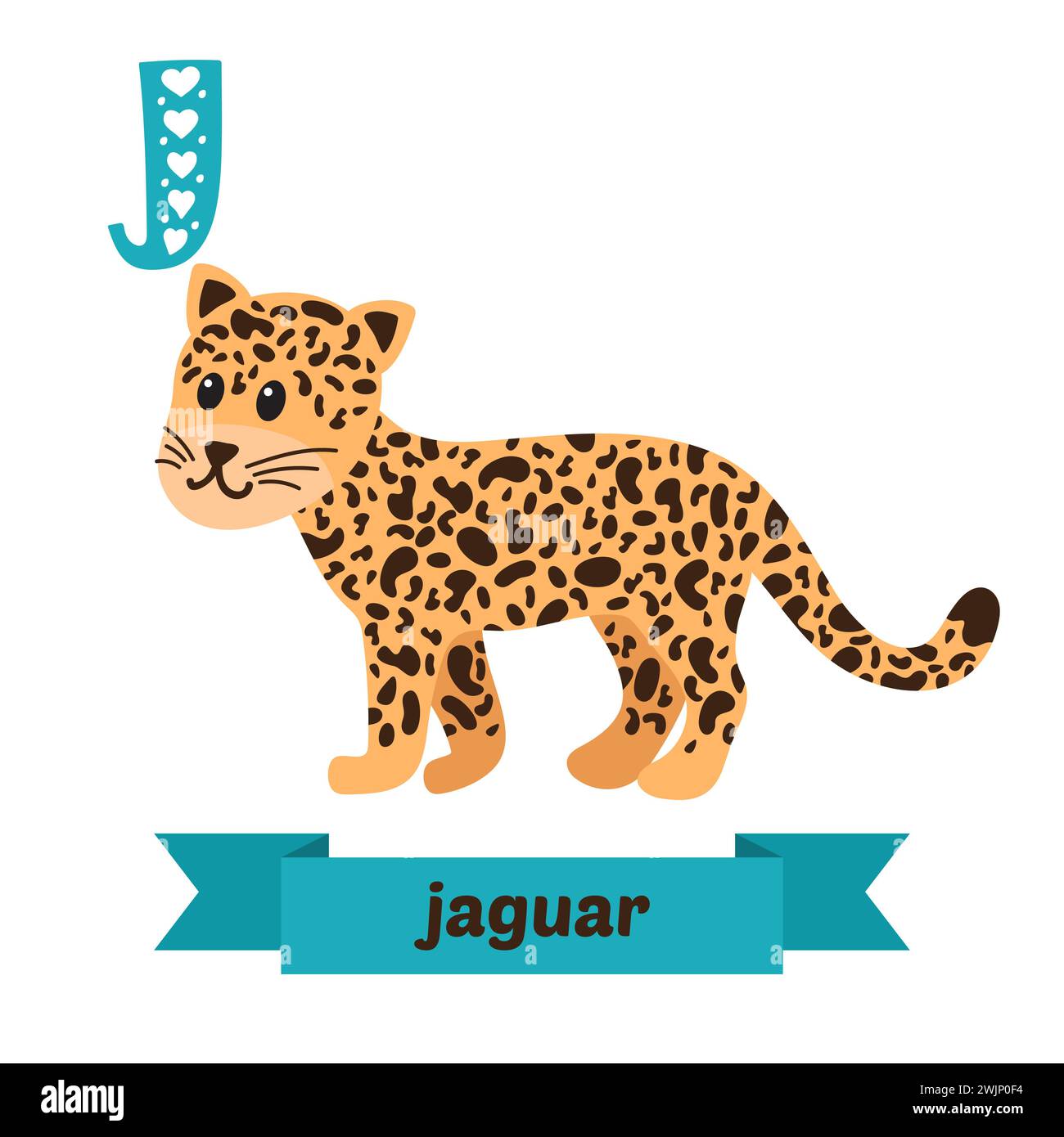 Jaguar. Buchstabe J. Niedliches Kindertier-Alphabet im Vektor. Lustige Zeichentricktiere. Vektorabbildung Stock Vektor