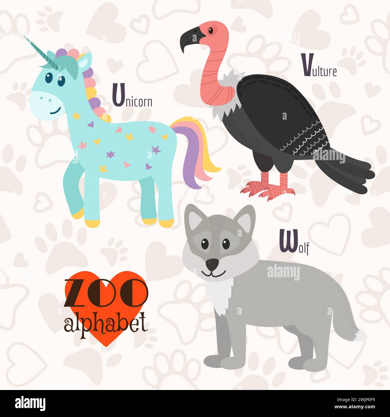 Zoo-Alphabet mit lustigen Tieren. U, V, W Buchstaben. Einhorn, Geier, Wolf. Vektorabbildung Stock Vektor
