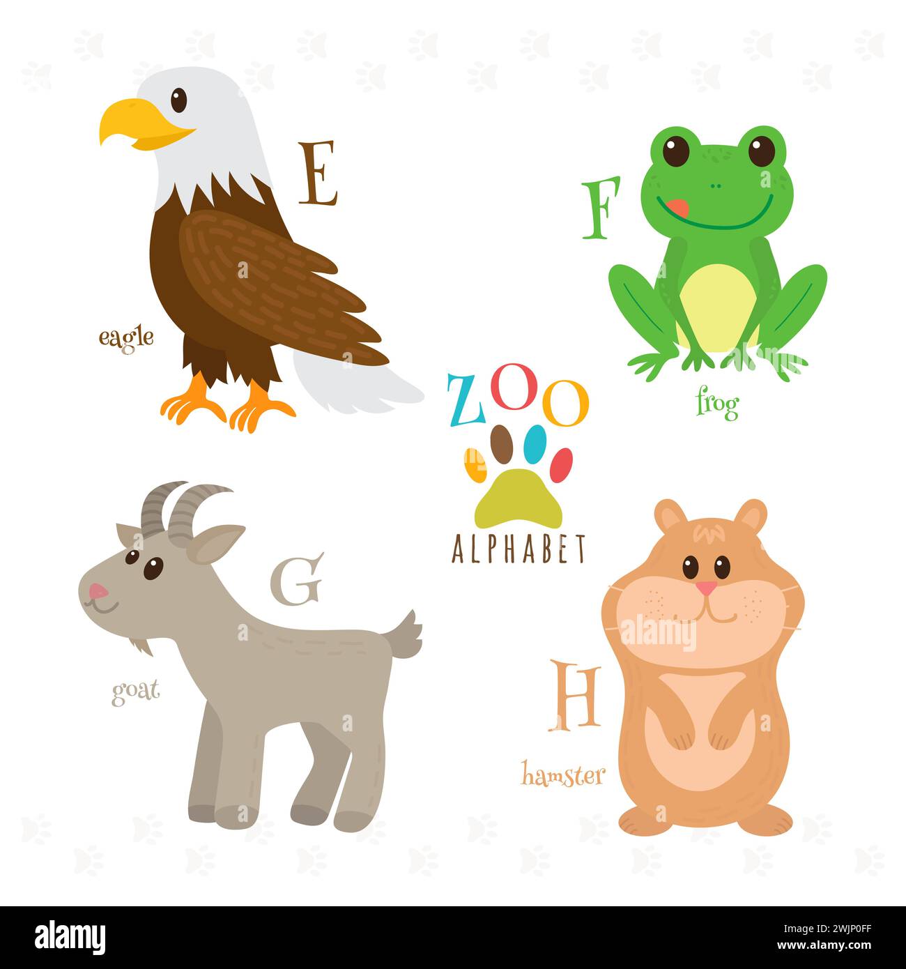 Zoo-Alphabet mit lustigen Zeichentricktieren. E-, f-, g-, h-Buchstaben. Adler, Frosch, Ziege, Hamster. Vektorabbildung Stock Vektor