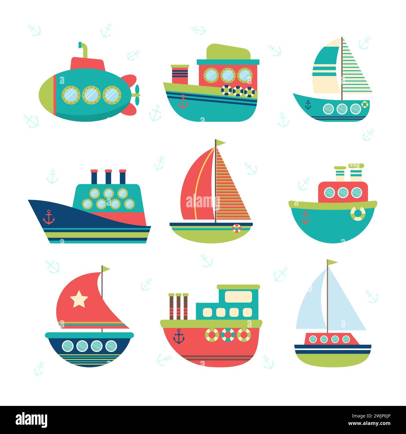Verschiedene Arten von Booten. Seetransport. Fischerboote, Yachten und Segelboote. Vektorabbildung Stock Vektor