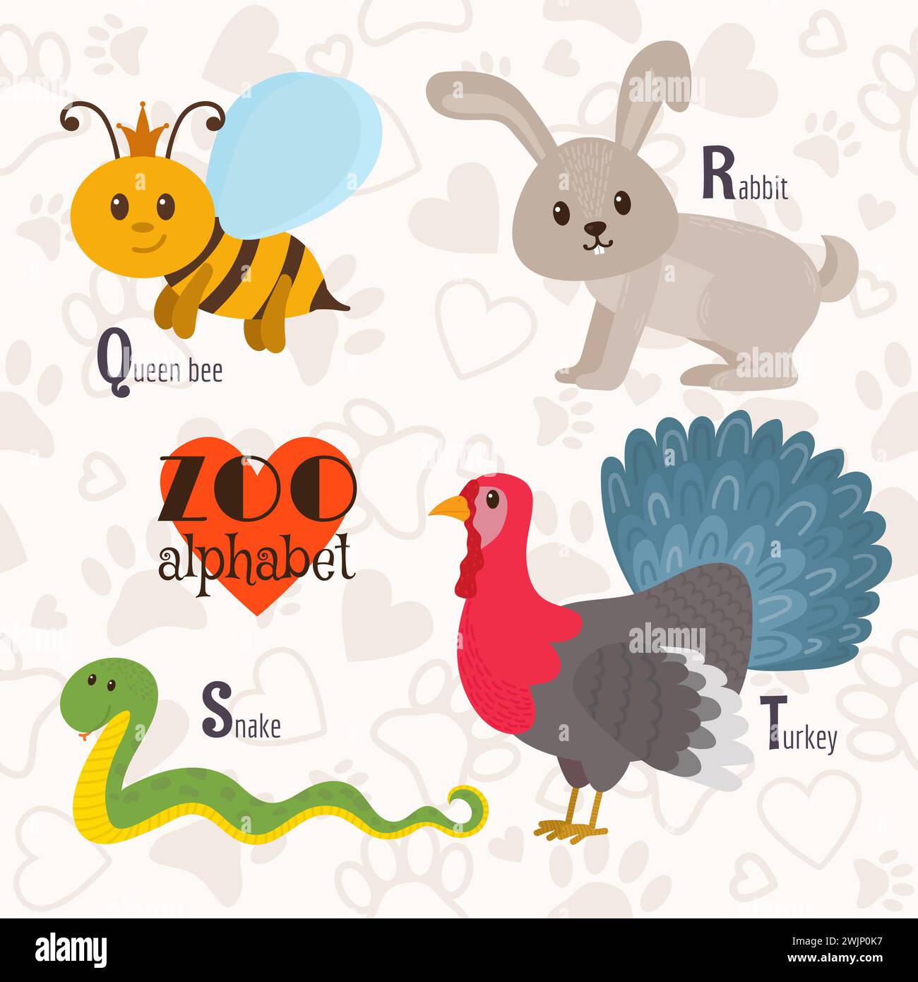 Zoo-Alphabet mit lustigen Tieren. Buchstaben Q, r, s, t. Bienenkönigin, Kaninchen, Schlange, truthahn. Vektorabbildung Stock Vektor