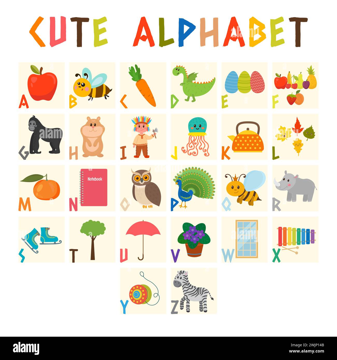 Kinderalphabet mit niedlichen Zeichentricktieren und anderen lustigen Elementen. Cartoon-Vokabular für Bildung. ABC. Vektorabbildung Stock Vektor
