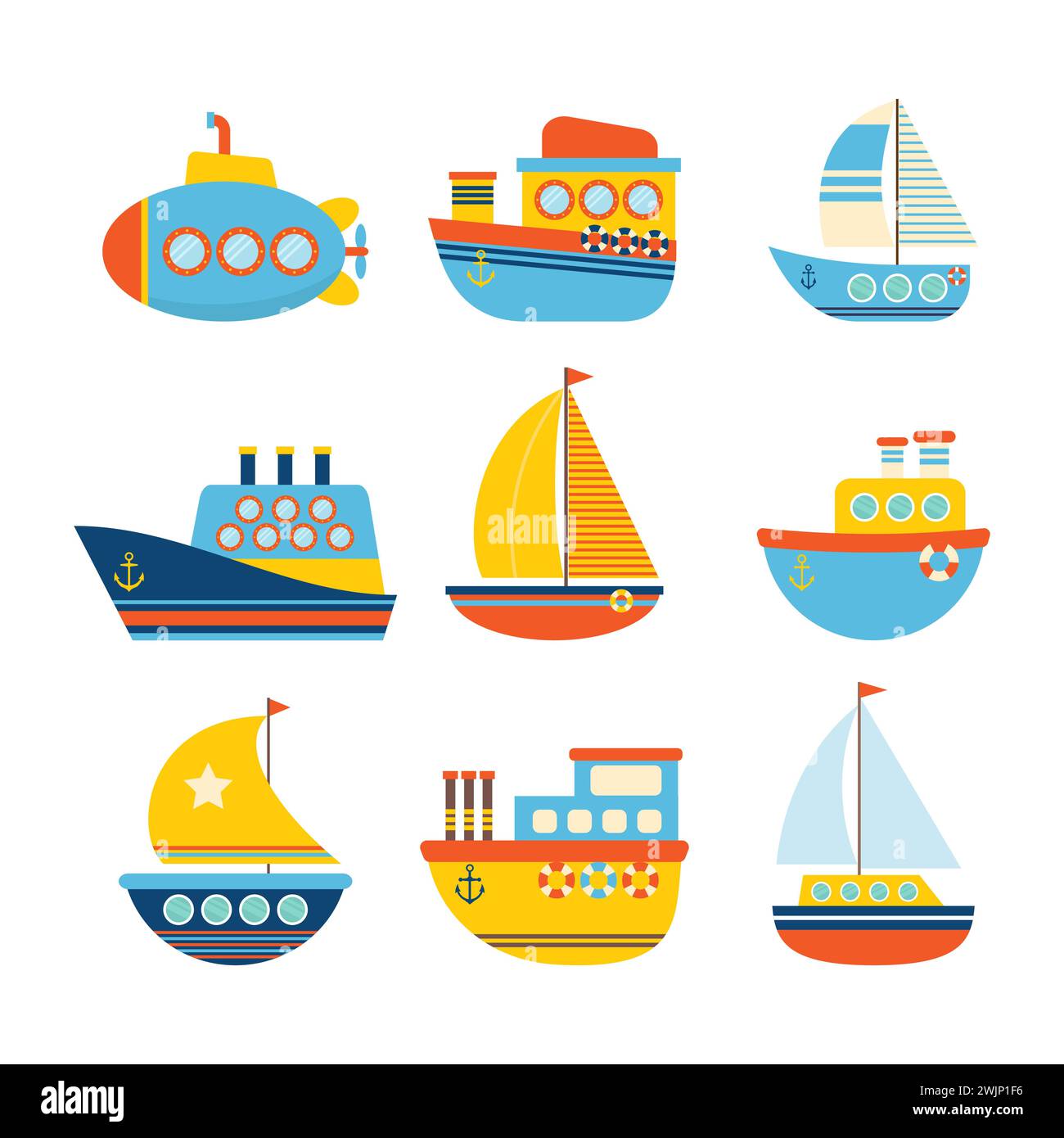 Seetransport. Verschiedene Arten von Booten. Fischerboote, Yachten und Segelboote. Vektorabbildung Stock Vektor