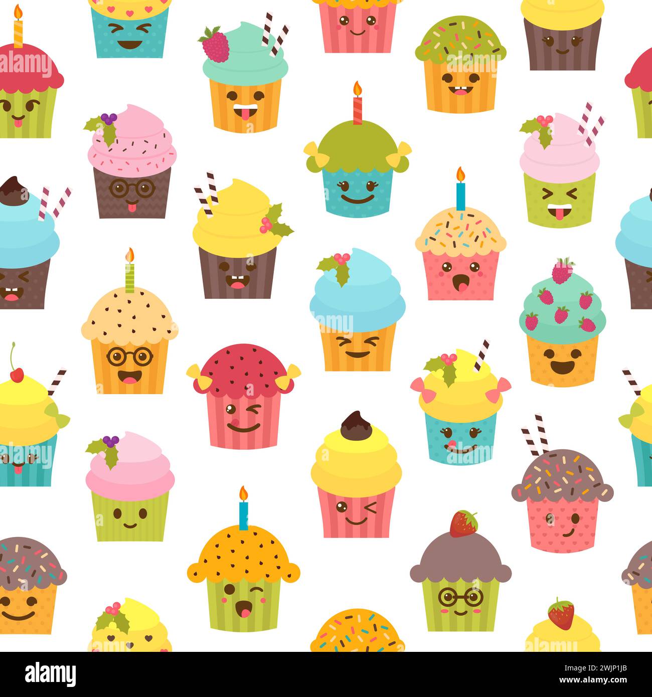 Nahtloses Muster mit Cupcakes und Muffins. Hintergrund zum Geburtstag. Kawaii Cupcakes. Süße Zeichentrickfiguren, Emoji. Vektorabbildung Stock Vektor