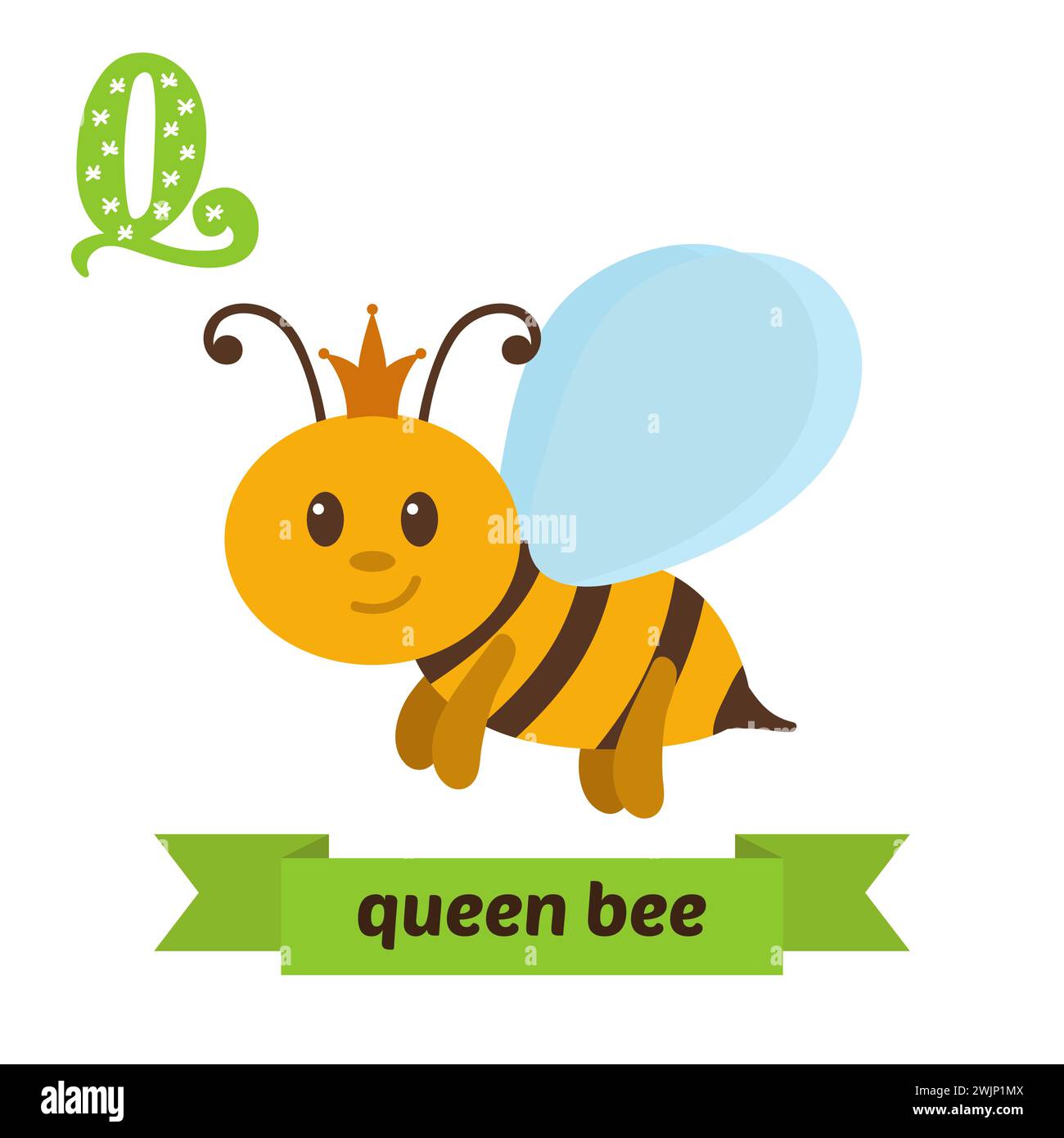Bienenkönigin. Q Buchstabe. Niedliches Kindertier-Alphabet im Vektor. Lustige Zeichentricktiere. Vektorabbildung Stock Vektor