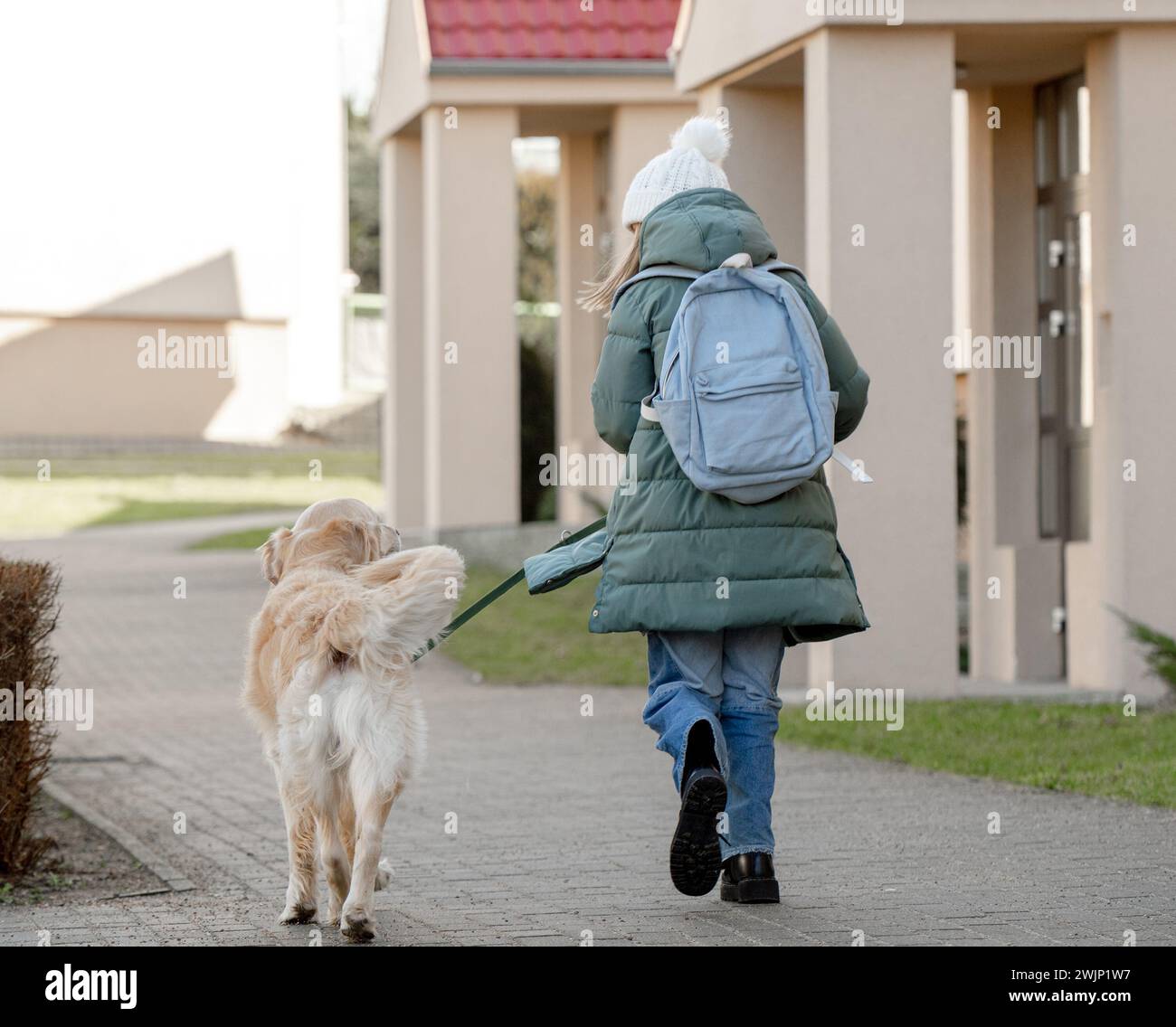 Mädchen Mit Golden Retriever Schlendert Im Frühjahr Die Straße Hinunter, Von Hinten Gesehen Stockfoto