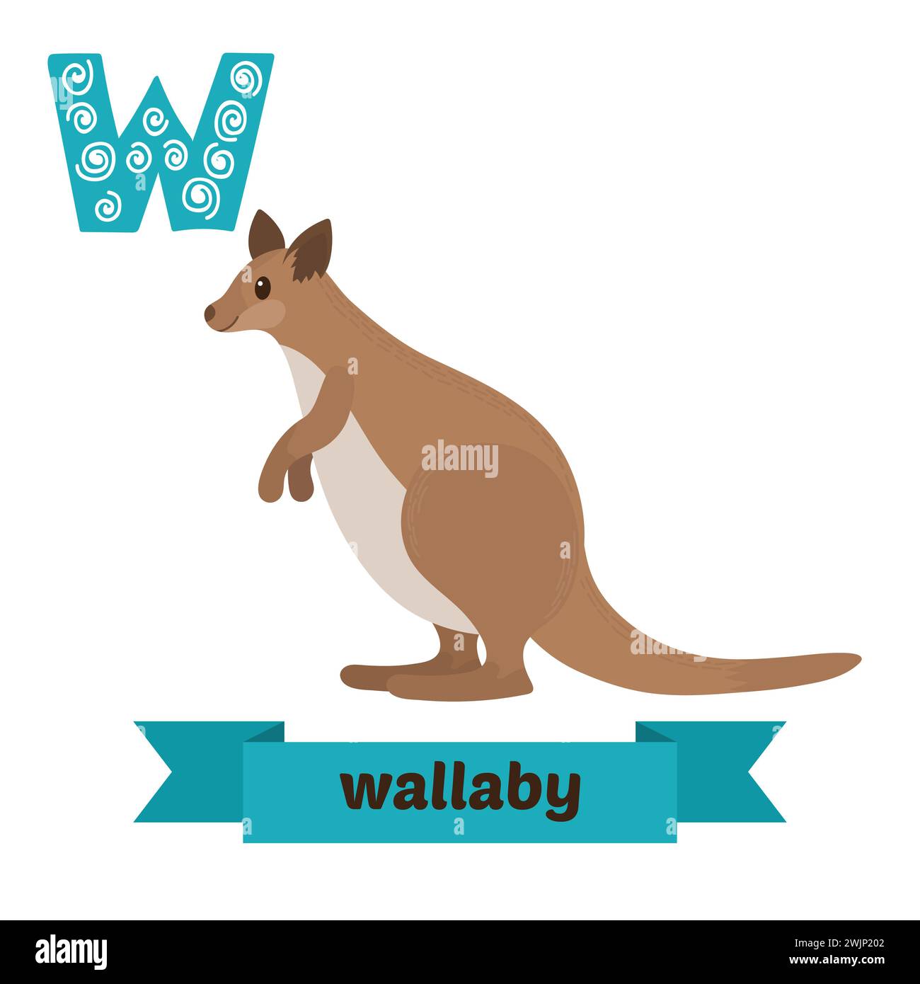 Wallaby. W Letter. Niedliches Kindertier-Alphabet im Vektor. Lustige Zeichentricktiere. Vektorabbildung Stock Vektor